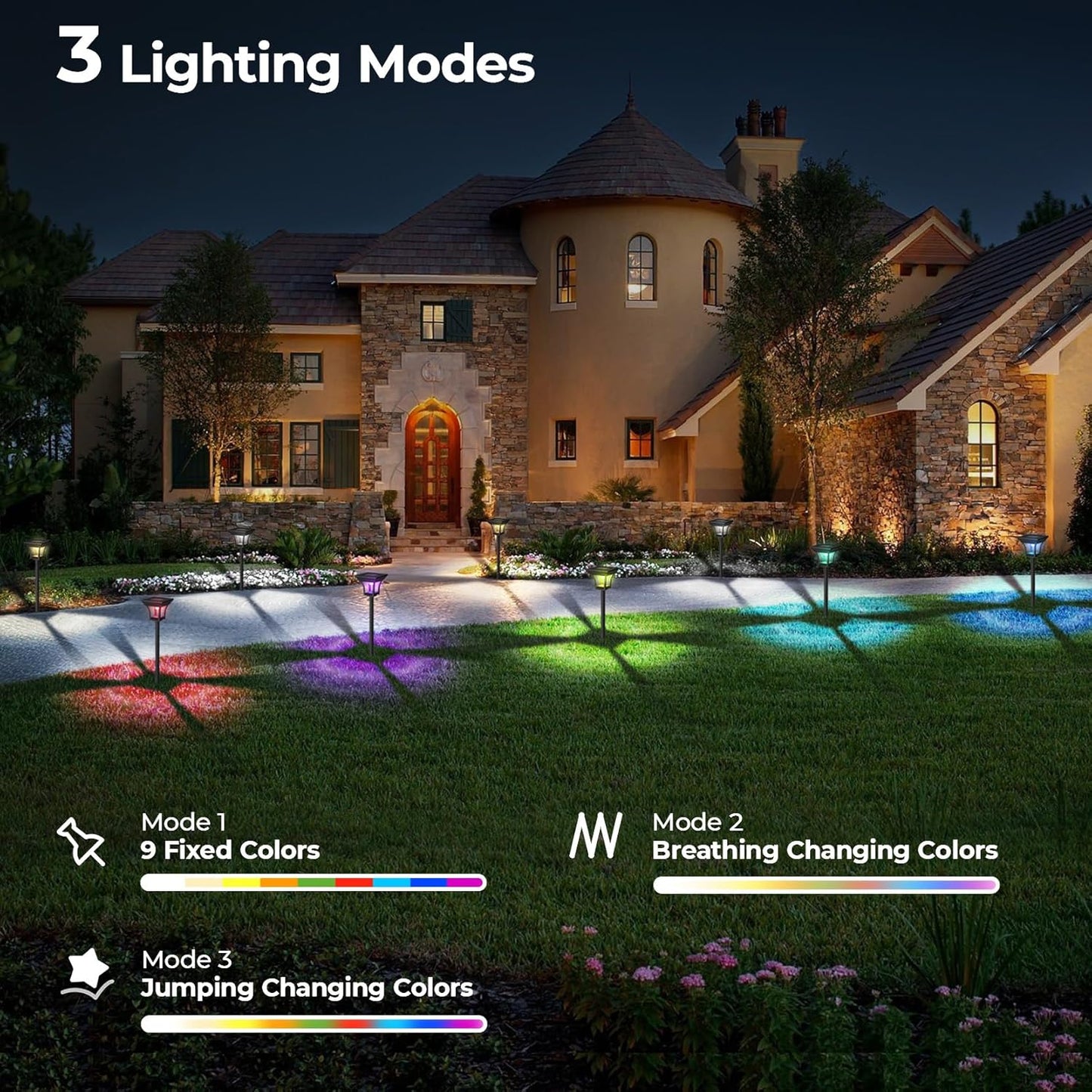 CINOTON 8 Pack RGBCW Solar Pathway Outdoor Lights, 3 Lighting Modes Solar LED Garden Lights, IP65 Waterproof Outside Solar Powered Landscape Lighting for Sidewalk Driveway Backyard RGB/Warm/Cold White