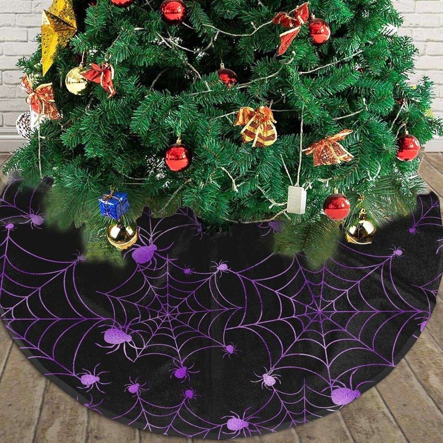 Christmas Tree Skirt,Purple Spider Web Xmas Tree Skirt Rustic Farmhouse Tree Skirt for Christmas Decor Xmas Holiday Home Party Decorations30