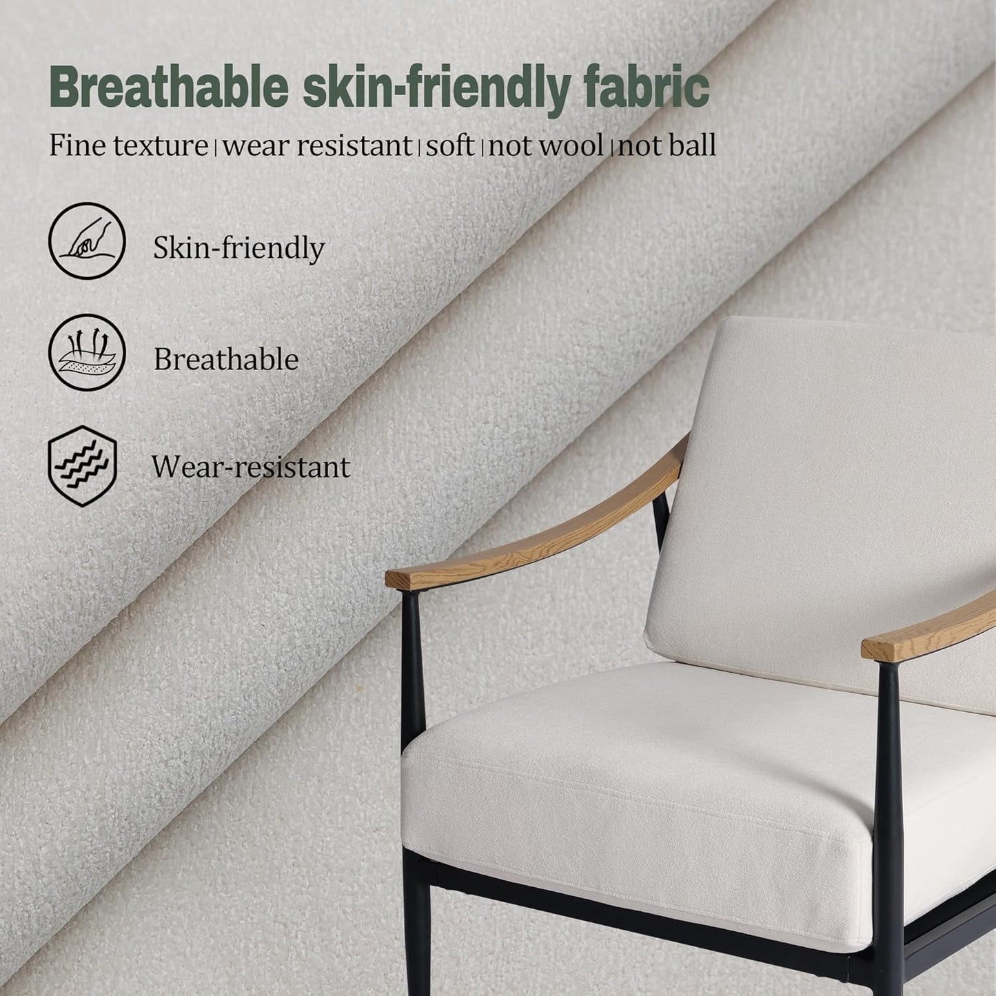 Modern Accent Chair for Living Room Bedroom Mid Century Arm Chair Upholstered Office Accent Chair Comfy Waiting Room Chair with Metal Frame, Cream White