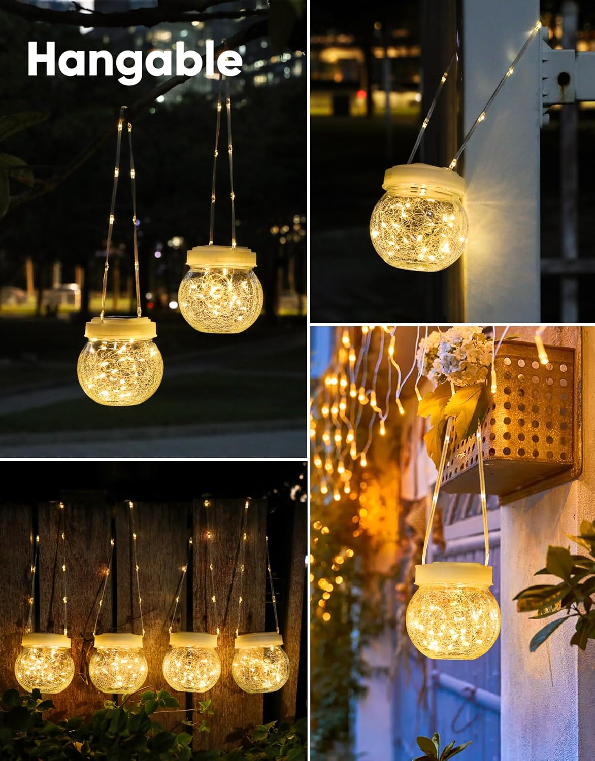 Solar Lantern Solar Lights Outdoor Waterproof 6-Pack, Solar Powered Hanging Lights Cracked Glass Hanging Globes for Christmas Decoration, Shepherd Hook, Garden Tree Ornaments, White Cap, Warm White