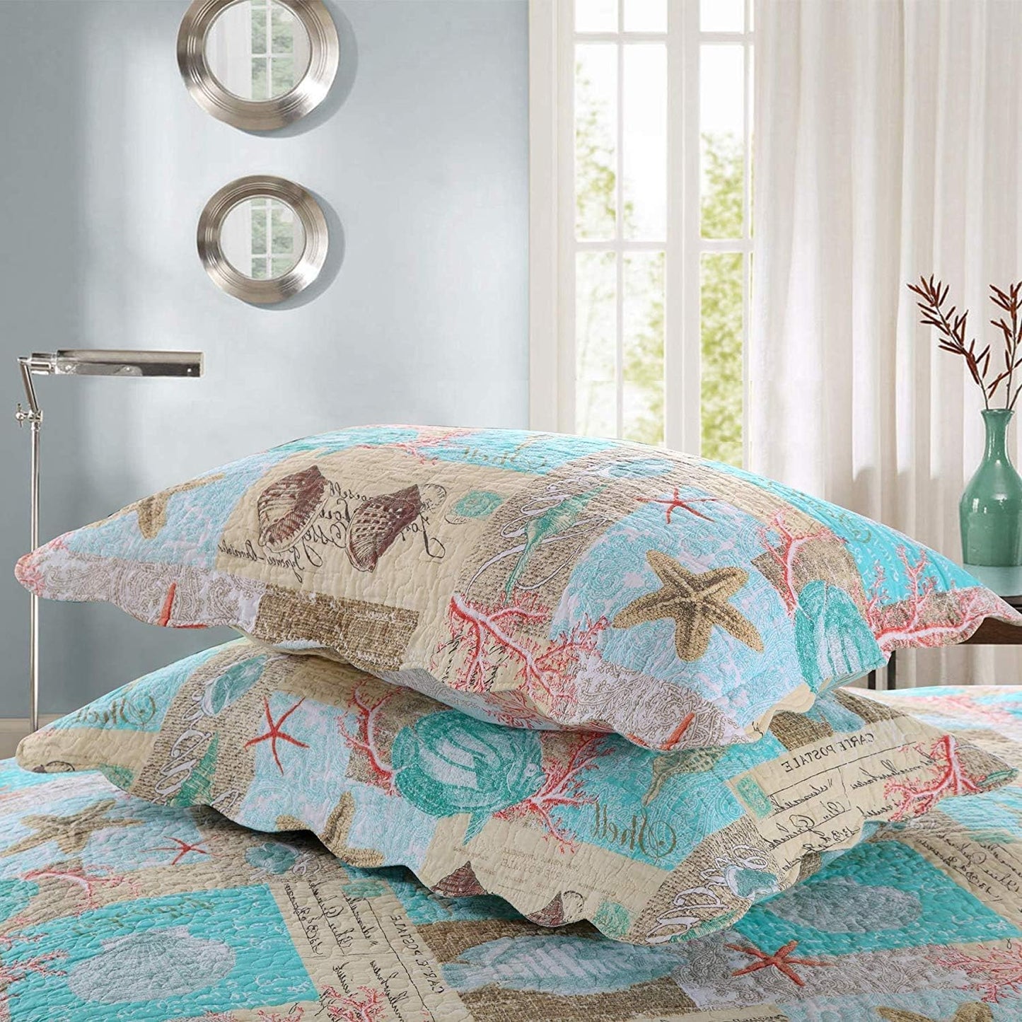 YAYIDAY Quilt King Size Bedspread Set - 100% Cotton Reversible Breathable Star Fish Coral Shell Style Quilted Quilt with Pillow Shams for All Seasons