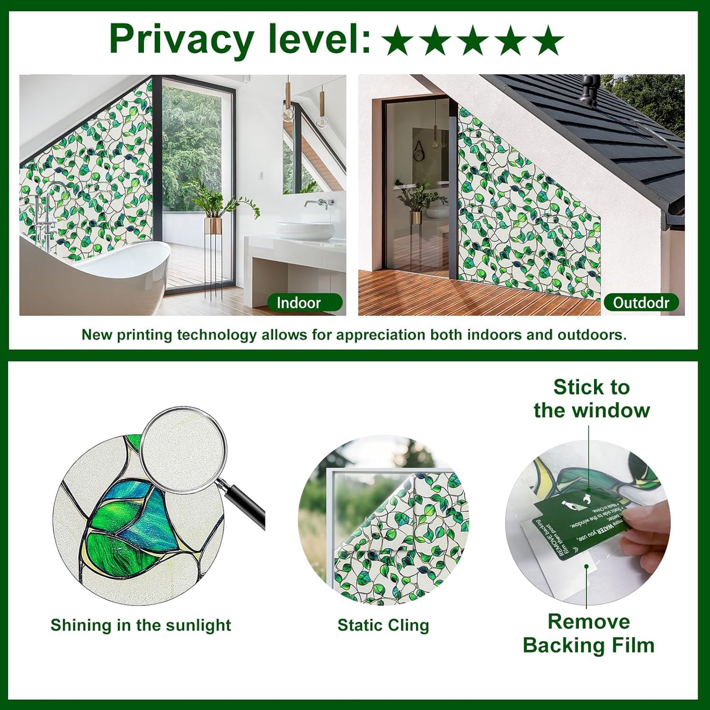 Window Privacy Film Stained Glass Decorative Static Clings Frosted Window Tint for Home Room Decor Bathroom Door Car Stickers with Glittering Effect, Removable(Blue & Green pothos Botanical)