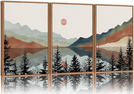 Tinonedraw Boho Mountain Framed Canvas Wall Art Set, Watercolor Nature Landscape Wall Decor, Black Pine Forest Artwork, Modern Sunrise Art Prints for Living Room, Bedroom, Office 16"x24"x3