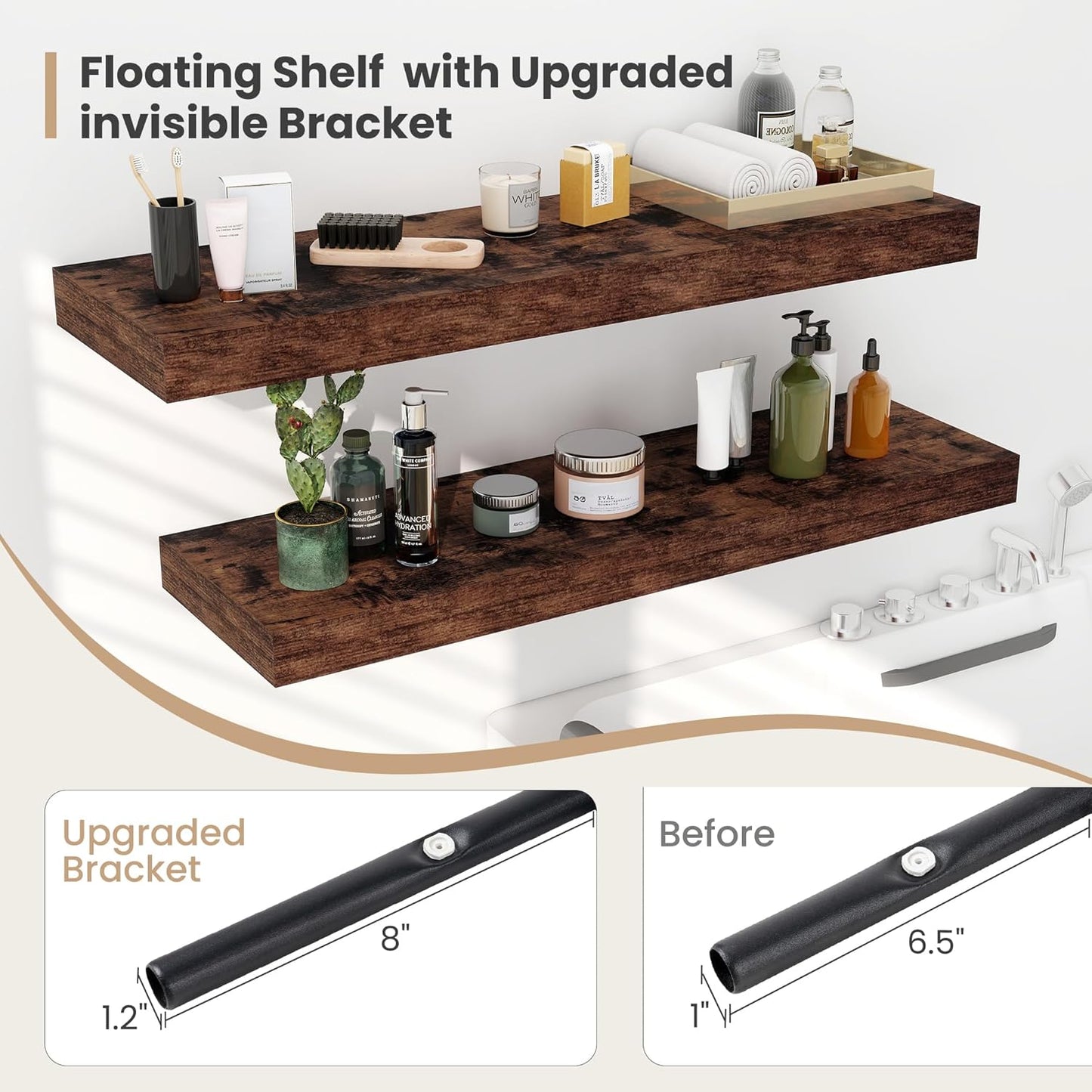 Heimlove 24 x 12 Inch Deep Floating Shelves Wall Mounted with Invisible Brackets,Storage Hanging Shelf for Wall Decor in Bathroom, Bedroom, Kitchen, Living Room, Office Set of 2 (Rustic Brown)