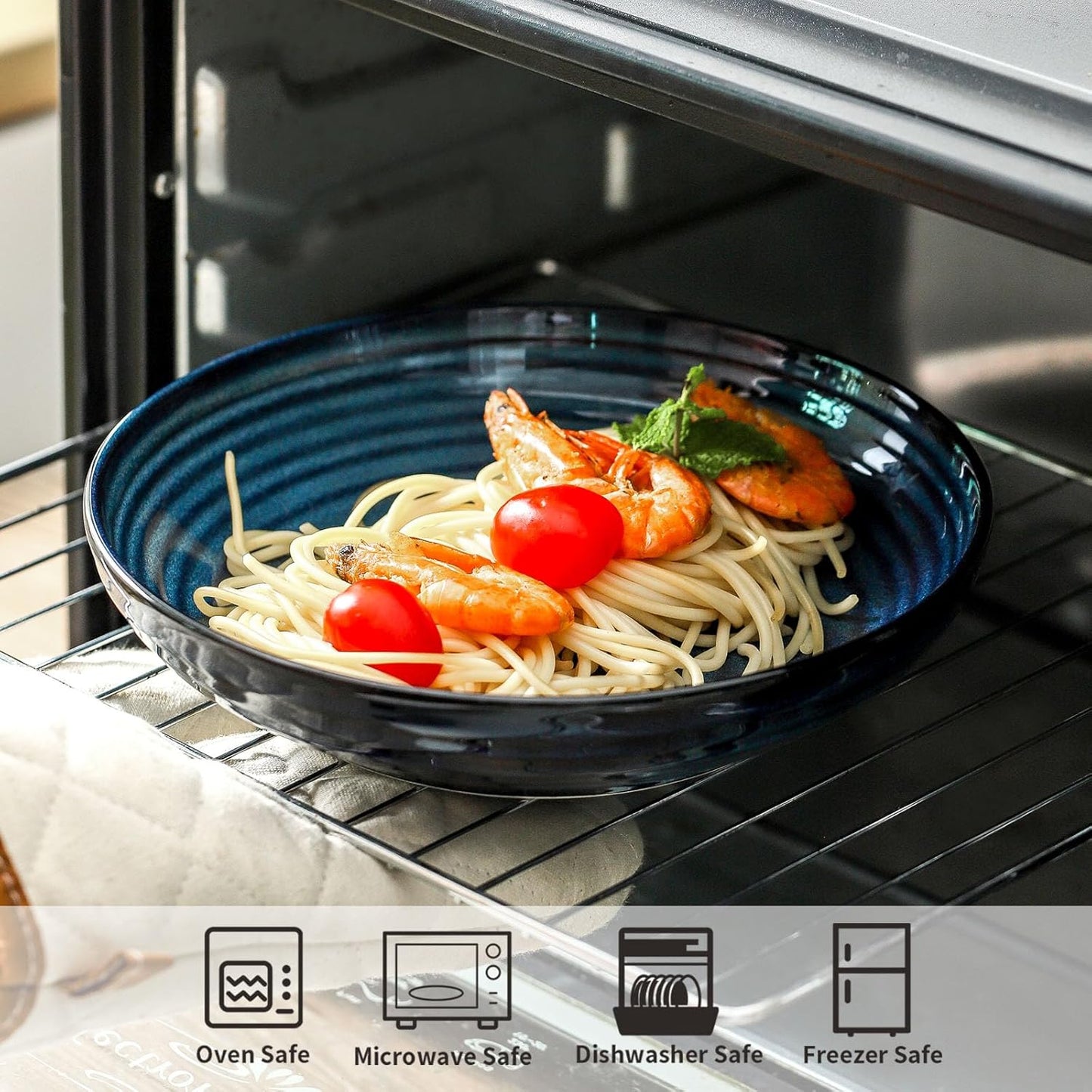 Pasta Bowls 32 OZ,Ceramic Salad Serving Bowls Set of 4,Large 8.7 inch Shallow Bowls Plates for Soup,Fruit,Noodle,Dinner,Dishwasher & Microwave Safe,Navy Blue