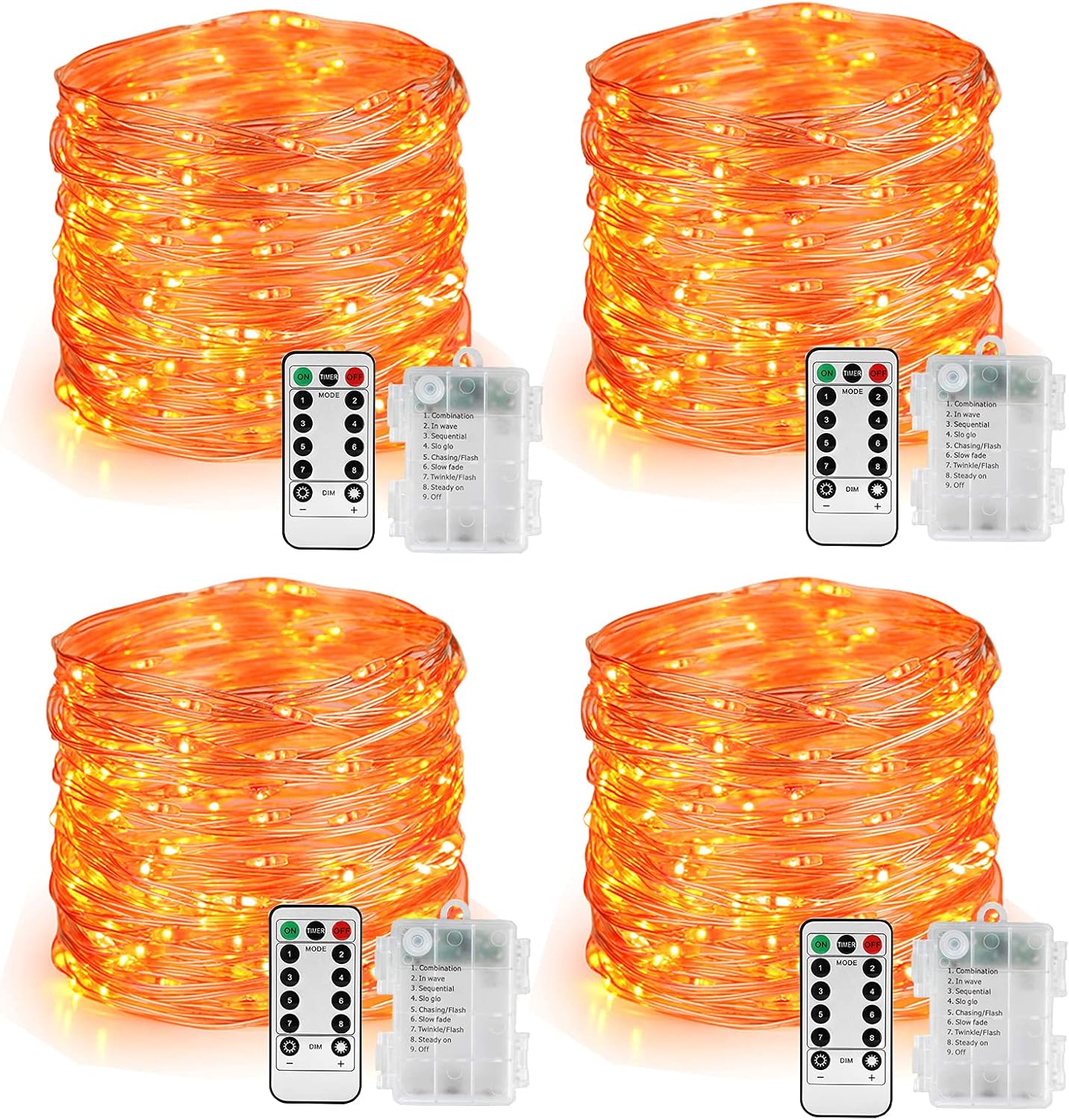 BrizLabs Orange Fairy Lights, 4 Pack 19.47ft 60 LED Orange Halloween Lights, 8 Modes Battery Halloween Light with Remote, Waterproof Outdoor Indoor Twinkle Light for Home Christmas Holiday Party Decor