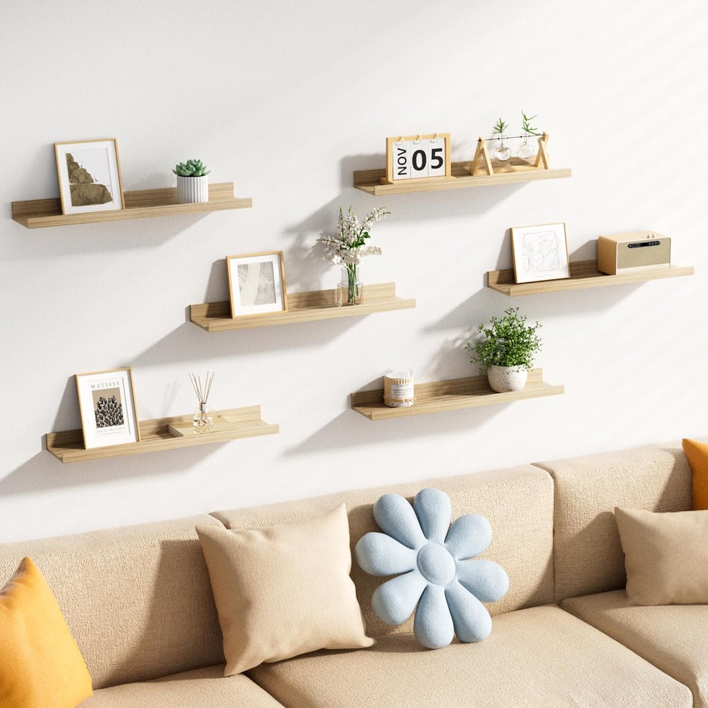 upsimples Floating Shelves for Wall, Wood Mounted Shelf Decor Storage Set of 6, for Bedroom, Living Room, Bathroom, Kitchen, 23.6 inch Long Picture Ledge, Natural