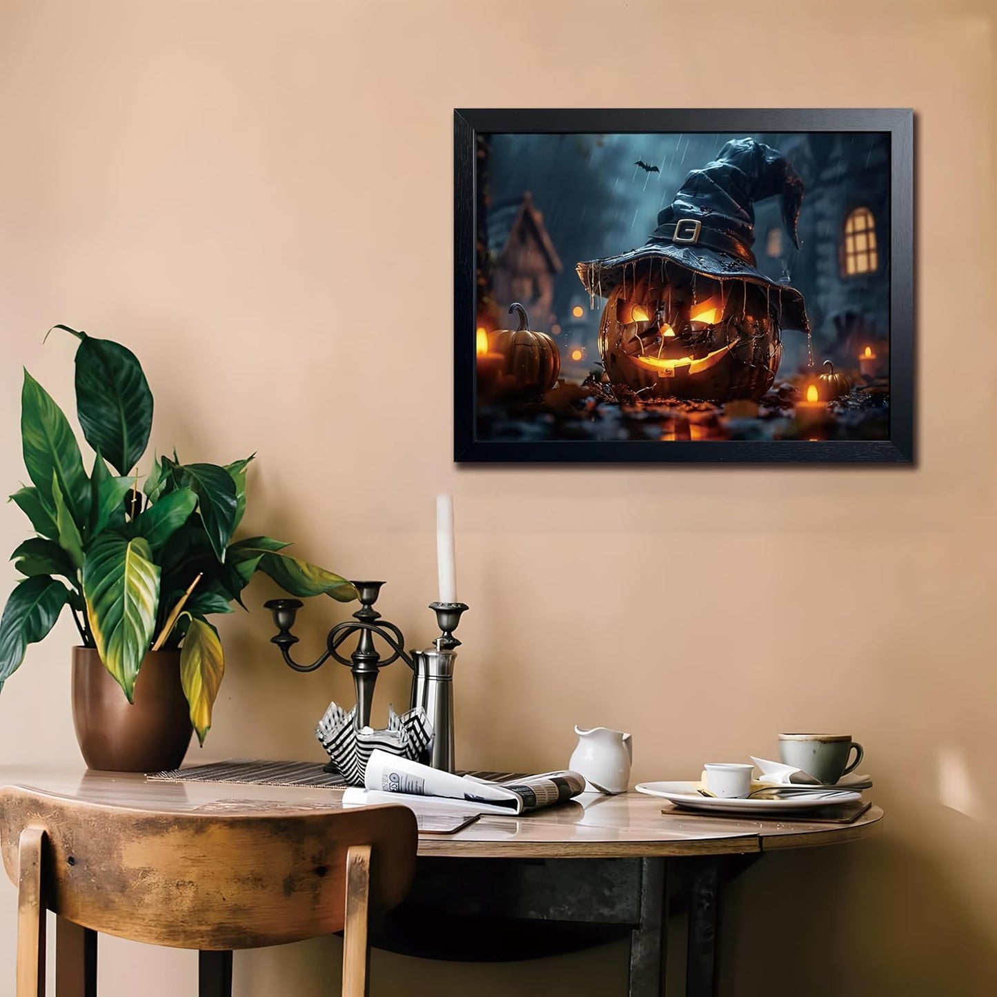 Wood Framed Dark Halloween Pumpkin Wall Art, Gothic Witch Hat Jack-o'-Lantern Canvas Print, Dark Academia Spooky Haunted House Poster Wall Art for Living Room Bedroom Room Aesthetics 16x24 inch