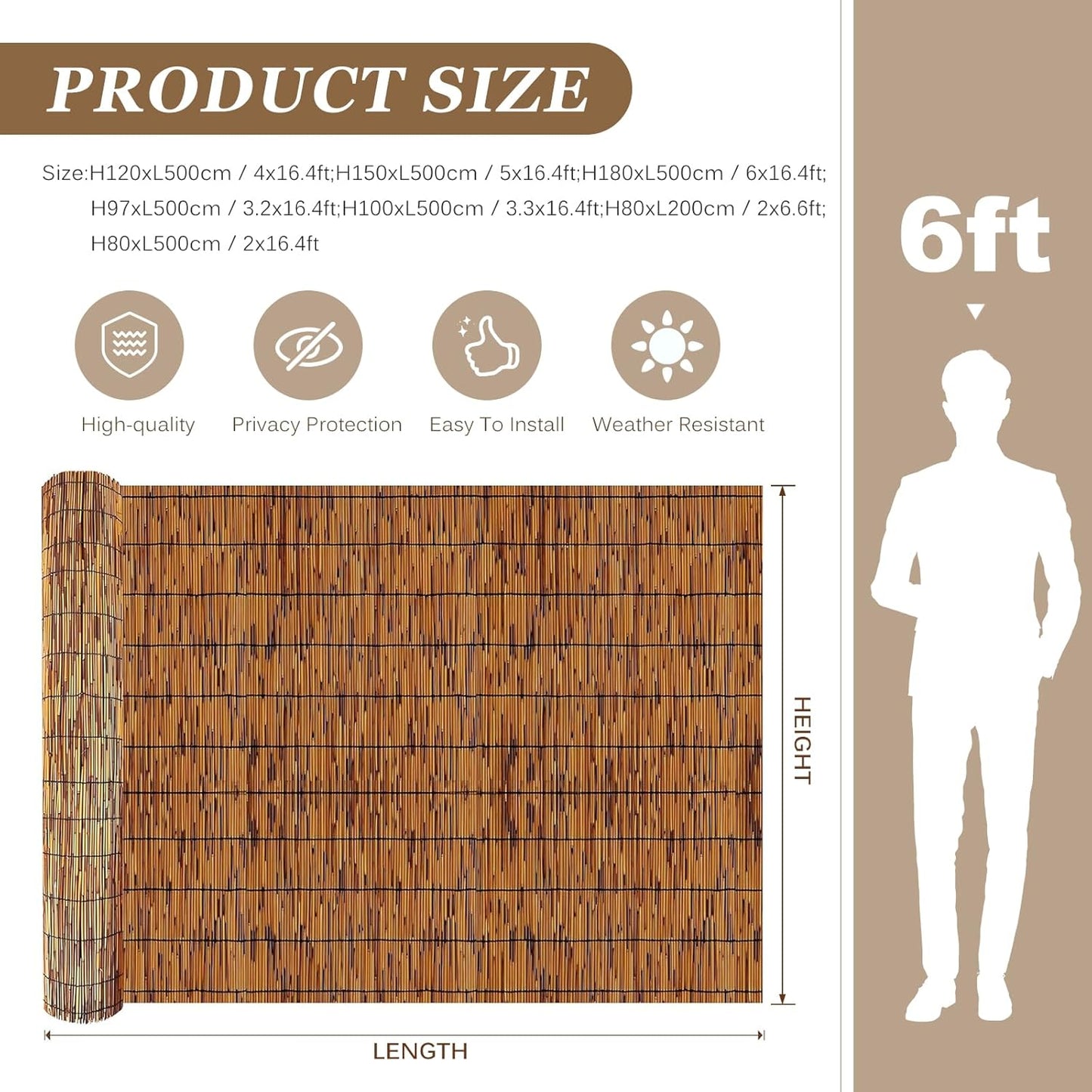 Natural Reed Fencing Rolls: Privacy Bamboo Fence 3/4/5/6ft High Roll Reed Screen, Decorative Bamboo Fencing for Outdoor Balcony Patio Garden Backyard,with Cable Zip Ties(Coffee, 3x10ft)