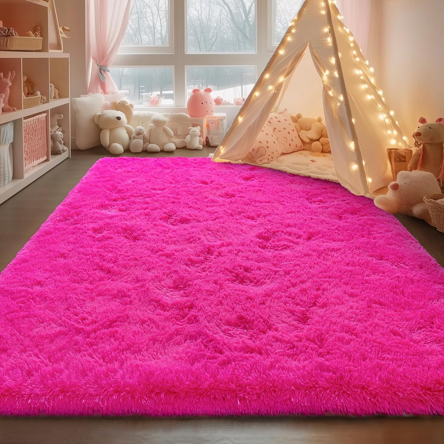 Rezutan Soft Fluffy Rug for Living Room Bedroom, Large Comfy Modern Shaggy Fuzzy Kids, Plush Indoor Nursery Classroom Home Decor Bedside Rug with Non-Slip Bottom, Hot Pink, 6 X 9 Feet