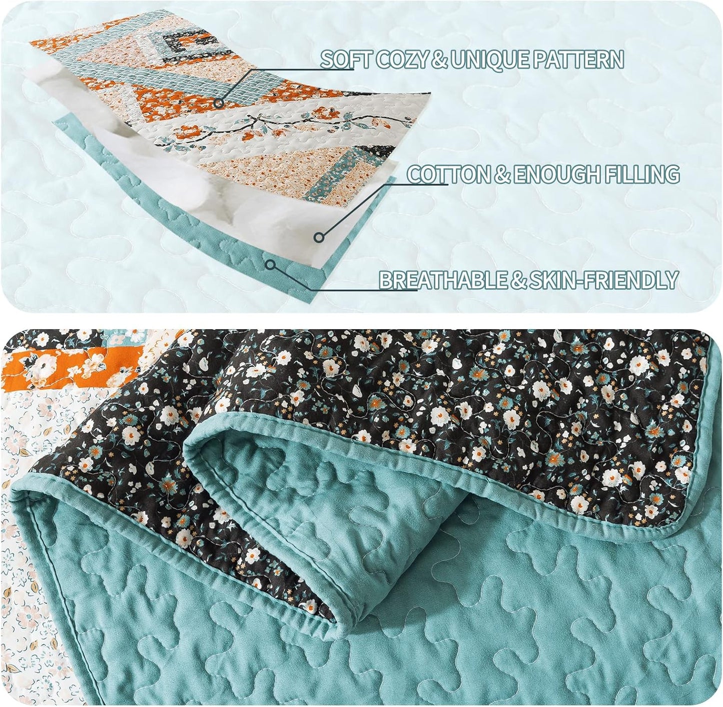 VAPUTAR Quilt King Size Bedding Set - 3 Pieces King Quilt Bedding Set, Boho King Size Quilt, Lightweight Reversible Coverlet Bedspread for Farmhouse Bedroom (Floral)