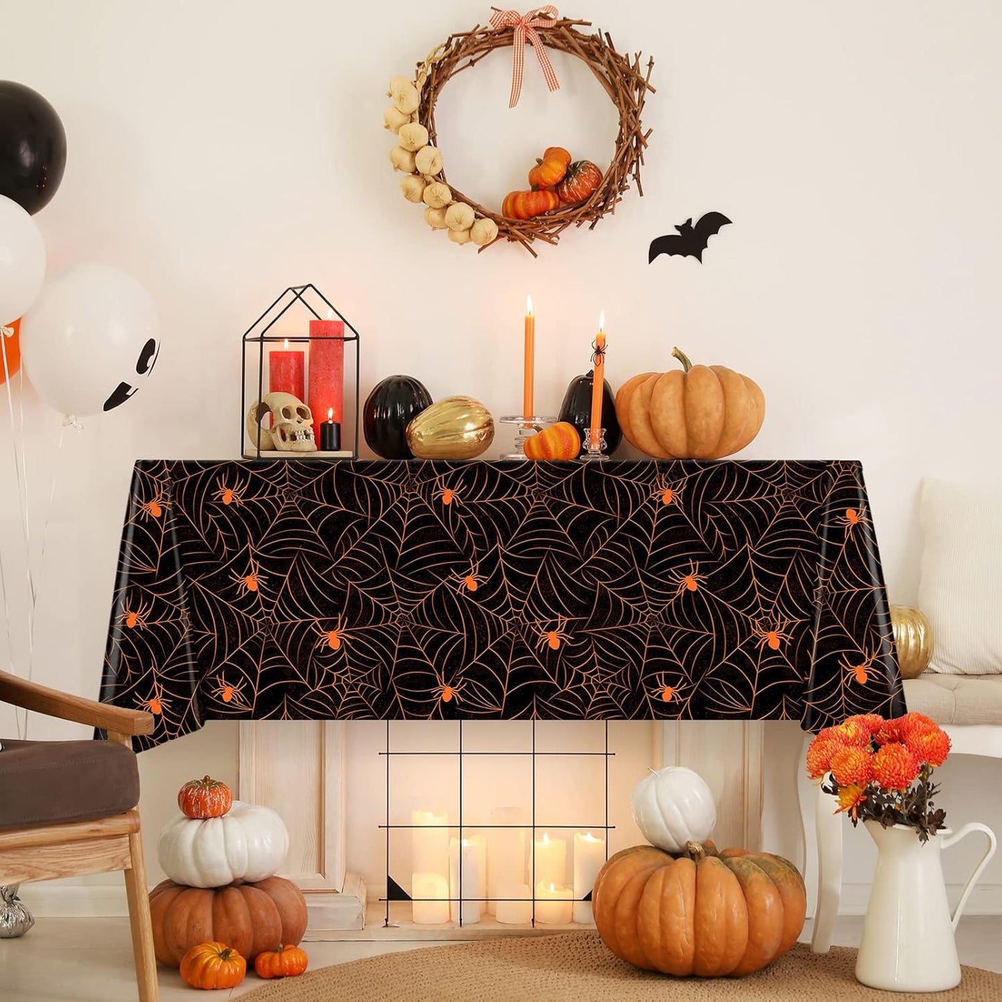 TREWAVE 3 Pack Halloween Spiderweb Tablecloth Rectangular Plastic Spider Web Table Cloth Large Size Table Covers for Home Decor Halloween Party Decorations 54" x 108" (Orange Spider)