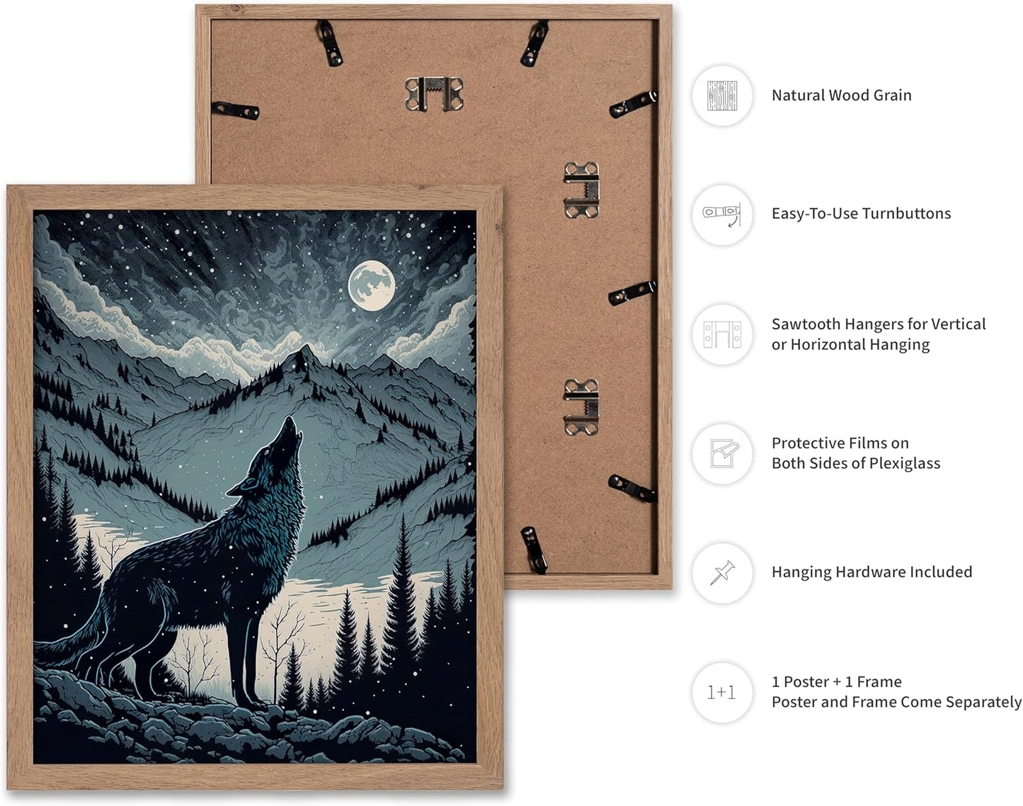 Poster Master Vintage Illustration Poster - Retro Animal Print - Gift for Artist, Friend - Wolf Howling at the Moon, Mountain, Snow, Landscape - Wall Decor for Home, Office, 11x14 Beige Framed