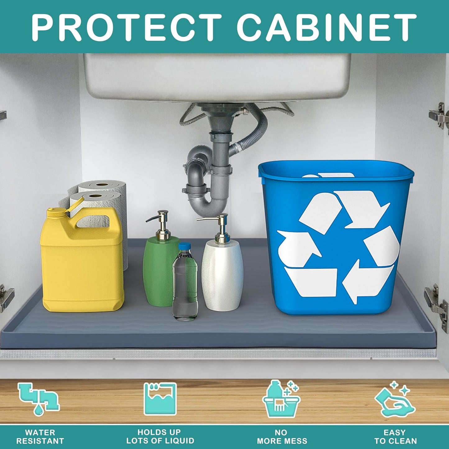 URMONA Waterproof Silicone Under Sink Mat 25'' x 22'' Shelf Liner for Kitchen and Bathroom, Cabinet and Counter Protector, Storage and Organizers, Litter Mat, Pet Cat Puppy Essentials(Light Grey)