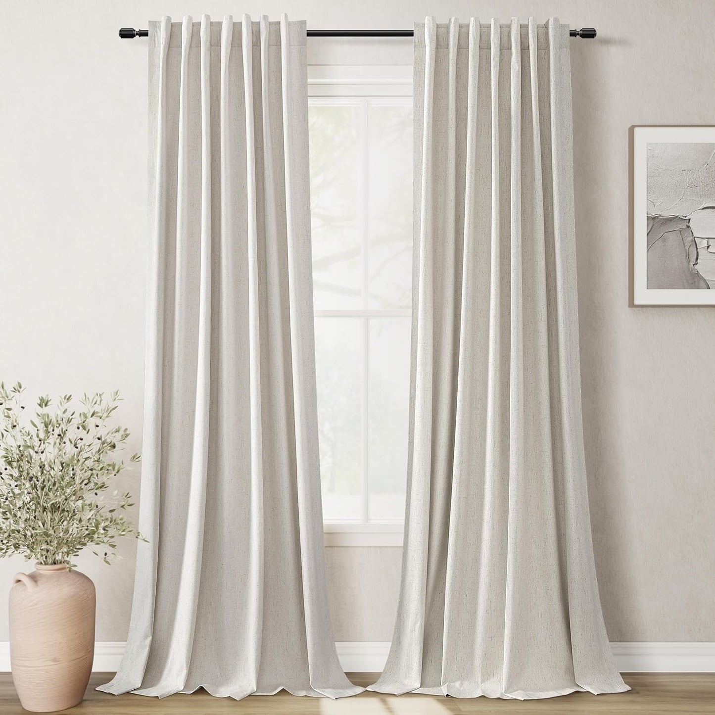 BOODII Full Blackout Curtains 90 Inches Long Room Darkening Curtain for Bedroom Sliding Door Thermal Insulated Black Out Curtains & Drapes Natural Neutral Linen 2 Panels Set Back Tab 52x90