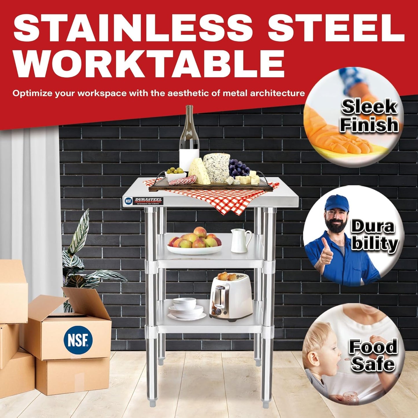 DuraSteel Food Prep Stainless Steel Table - 24 x 24 Inch Commercial Metal Workbench with Adjustable Under Shelf - NSF Certified - for Restaurant, Warehouse, Home, Kitchen, Garage