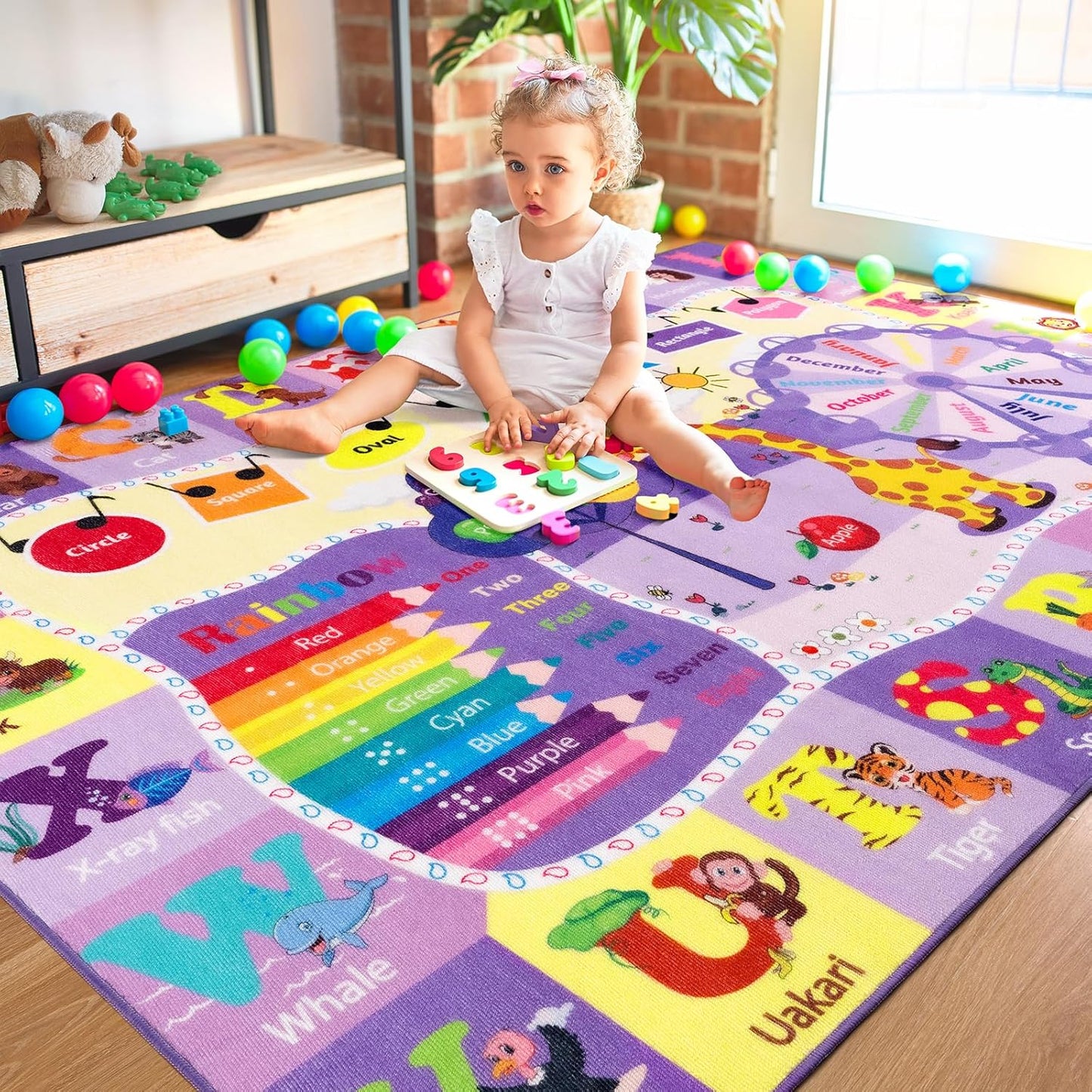 Kids Rugs for Playroom Bedroom Classroom Nursery, Non-Slip and Washable Rugs for Children Toddlers Girls, Educational and Fun Rug Carpets with ABC Alphabet Animals Shapes, 5x7, Purple