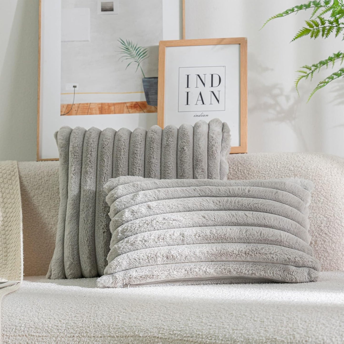 DEELAND Pack of 2,Double-Sided Faux Fur Plush Decorative Throw Pillow Covers Fuzzy Striped Soft Pillowcase Cushion Covers for Sofa Couch Bedroom Lightgrey 24x24 inch