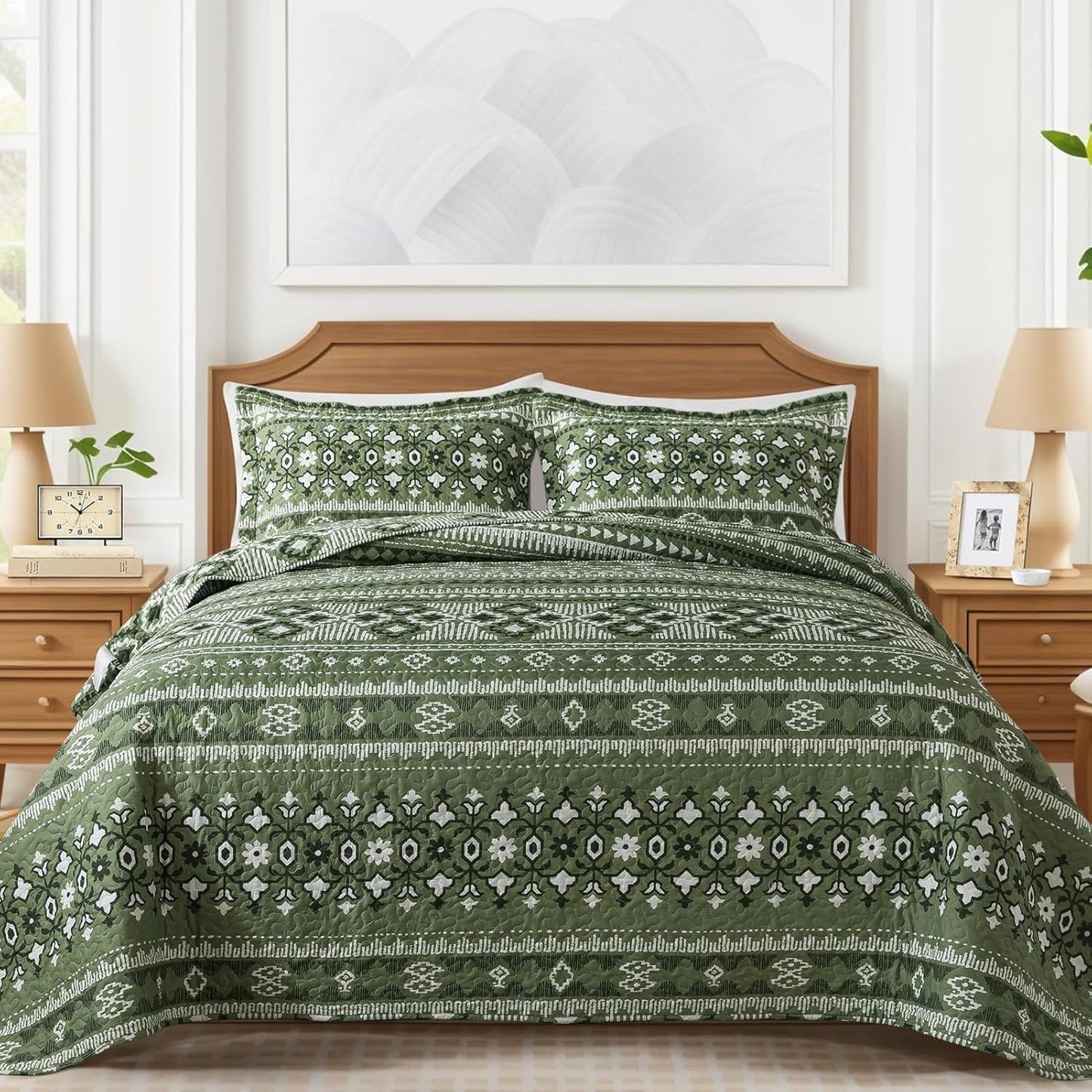 VAPUTAR Boho Quilts King Size, Stripe Reversible King Quilt Set, Lightweight All-Season Coverlet & Boho Bedspread- 3 Piece/Green