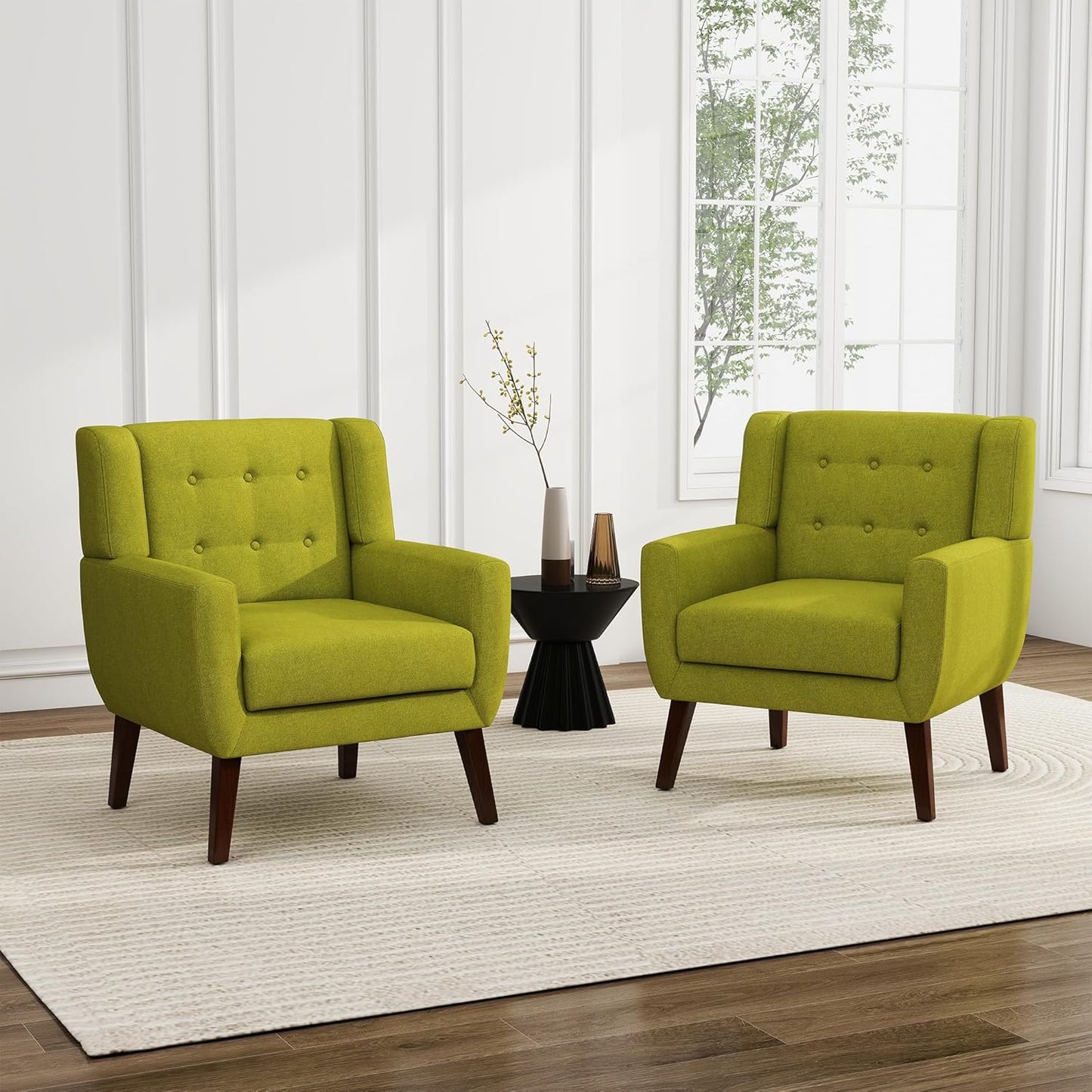 UIXE Accent Chairs Set of 2, Modern Upholstered Arm Chair, Mid-Century Club Armchair Comfy Single Lounge Sofa Button Tufted Living Room Reading Seat Bedroom Side Sitting for Home Office,Green