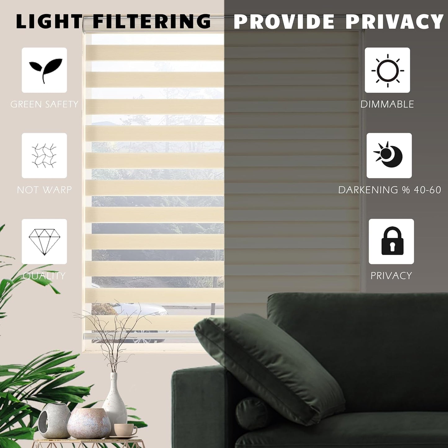 Zebra Blinds Window Blind Zebra Shade Blinds for Windows Roller Sheer Shades Privacy Light Filtering Shades for Home Kitchen Bathroom (Width 71'' X Height 72'' Cream)