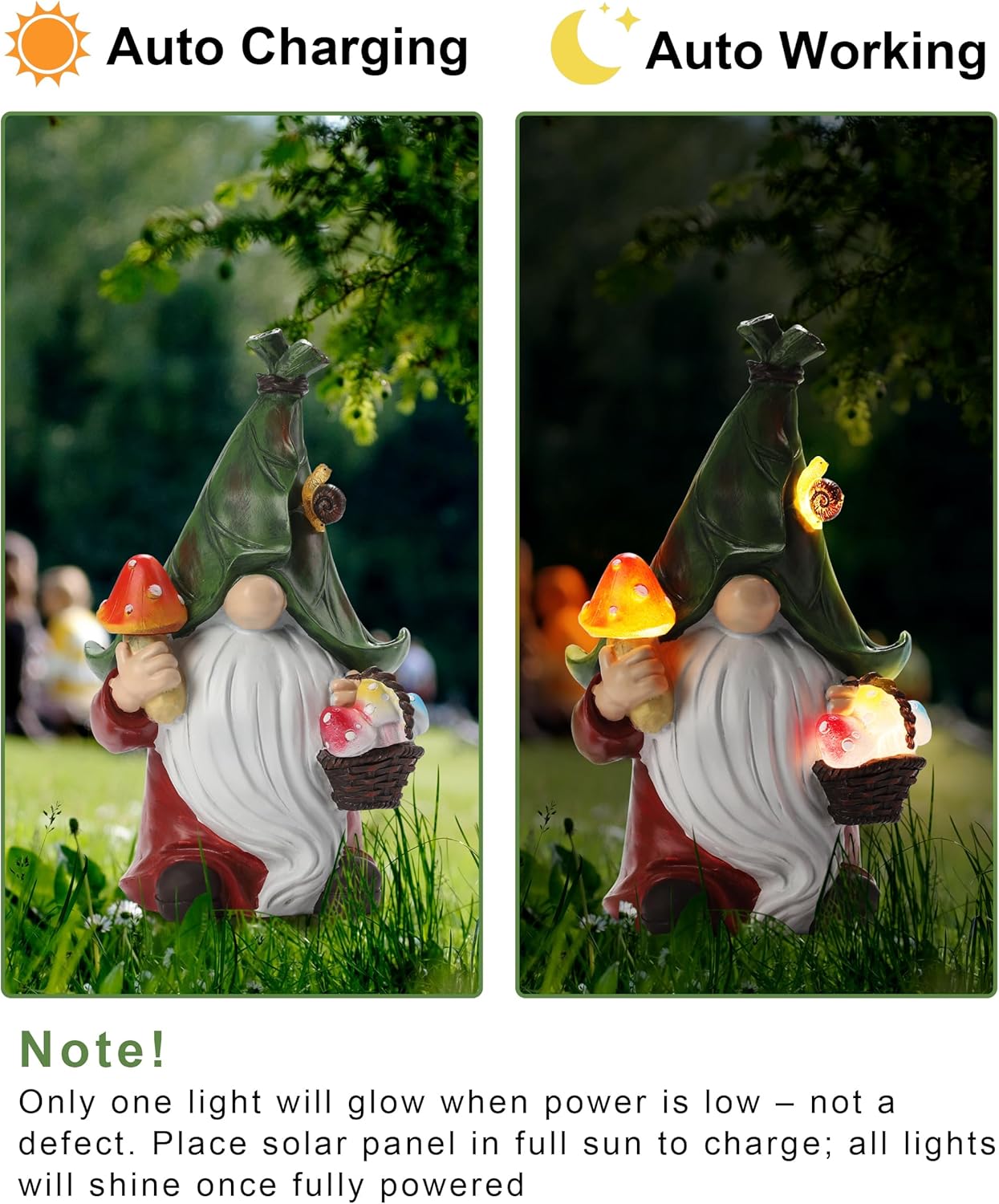 Mushroom-Picking Gnome Solar Garden Statue with 3 LED Lights, Set with 1 Gnome and 2 Small Mushroom, Lovely Garden Gnome Set for Patio, Yard, Lawn Ornament, Outdoor Decor