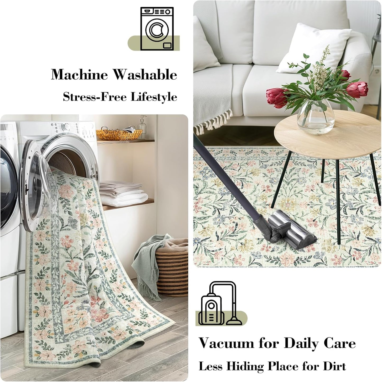 Wonnitar Washable Area Rugs 5x7, Soft Floral Bedroom Area Rug, Washable Carpet 5x7 Non Slip, Boho Flower Print Beige Carpets for Living Room Bedside Dining Room