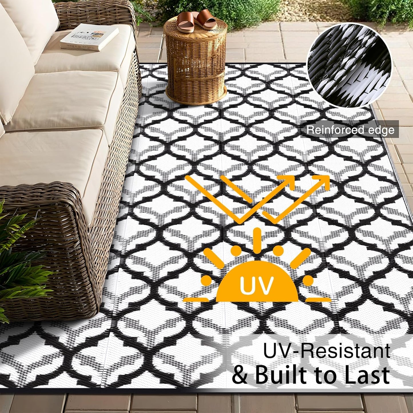 OLANLY Reversible Outdoor Rug 9x12 ft Clearance, Waterproof Outdoor Plastic Straw Rug with Interlacing Pattern, RV Mat for Patio, Camping, Balcony, Deck, Backyard, Black & White