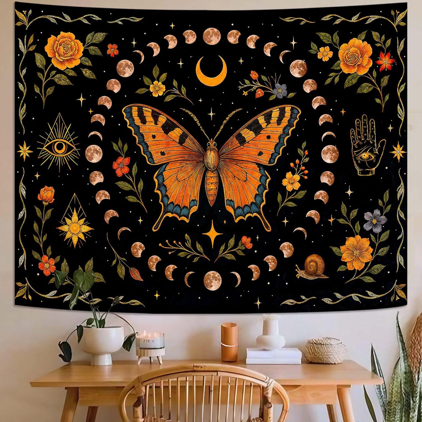 Lunerfex Moon Phase Butterfly Floral Wall Tapestry, Celestial Botanical Tapestries for Room Decor, Mystical Tapestry 80x60 Inch
