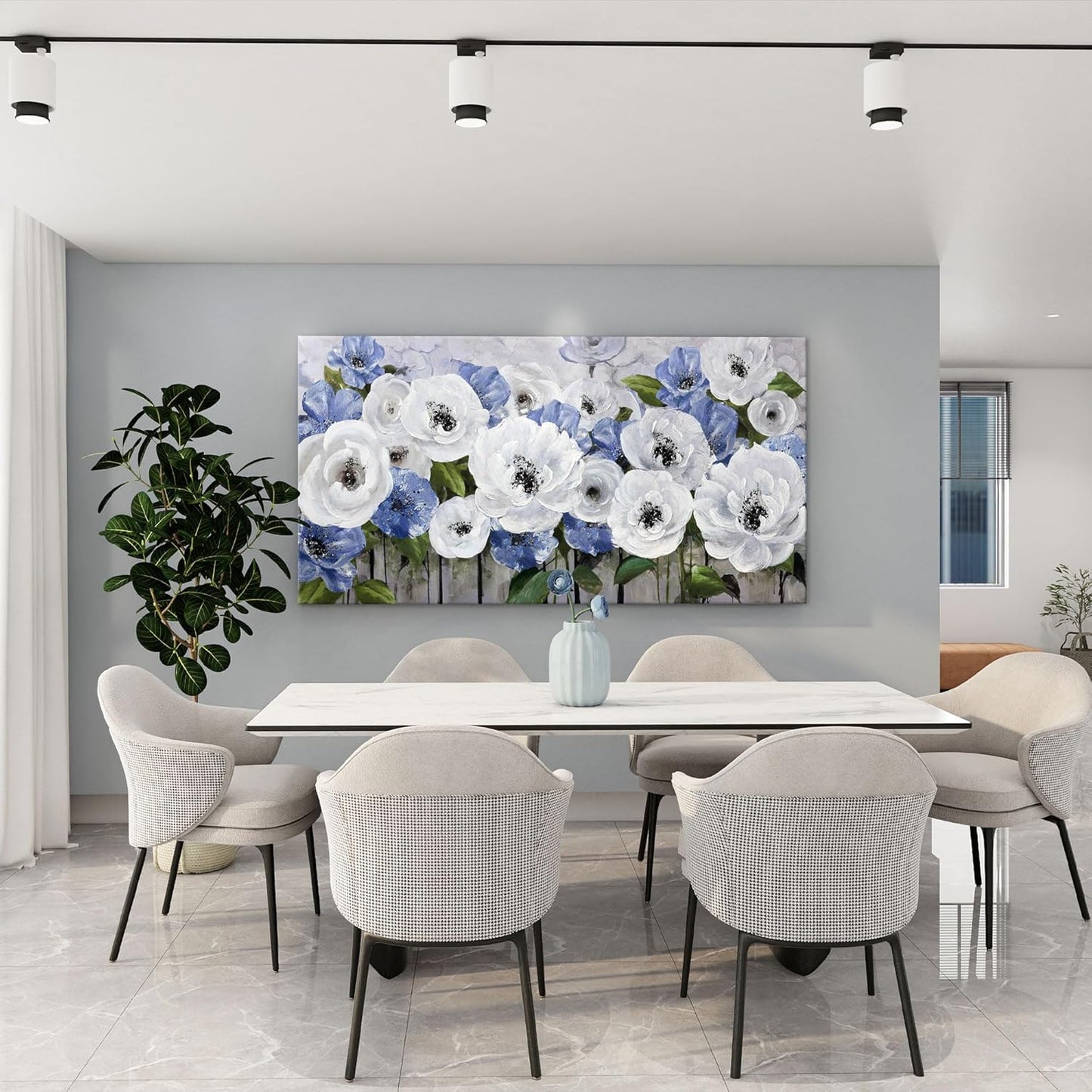 Floral Wall Art for Living Room- Large Canvas Paintings with Floral Wall Picture - Flower Wall Decor in Blue & White, Textured Artwork - Landscape Wall Art & Pictures for Bedroom and Home Decor