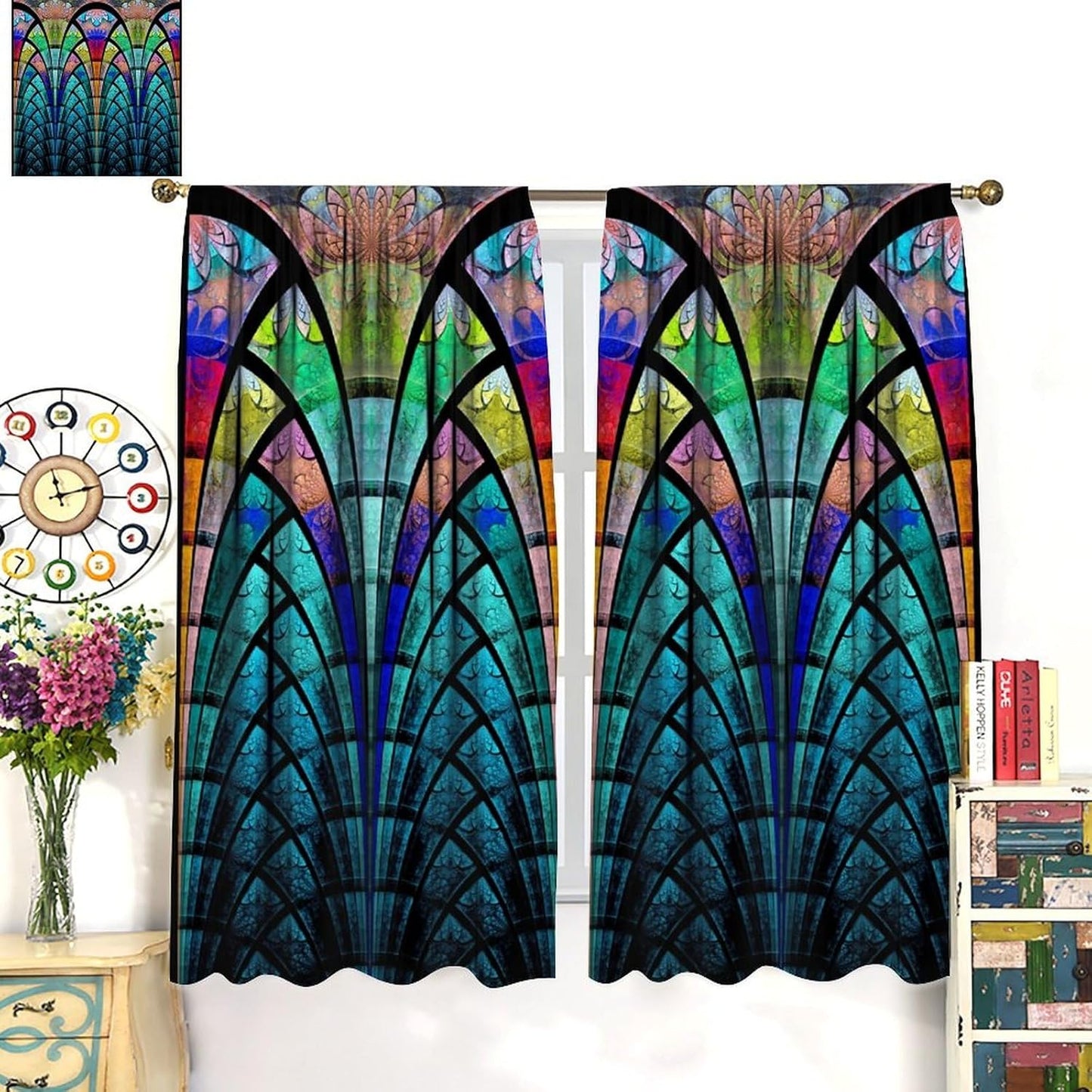 Stained Glass Curtains,Retro Design Style Colorful Abstract Art Home Decor Drapes for Bedroom Living Room Kitchen Window Treatment 2 Panels Set Total Size 42" W X 45" L Inch