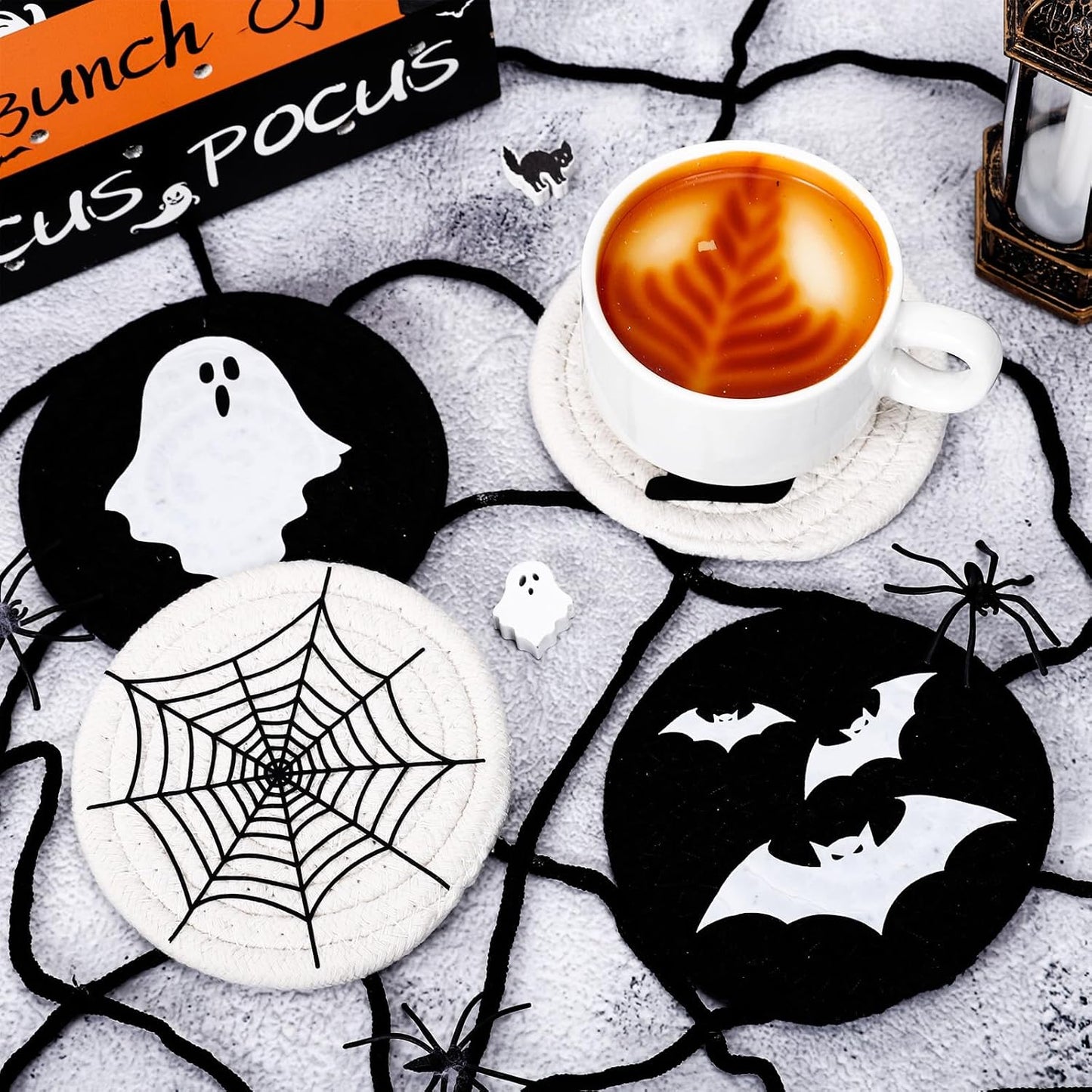 Whaline Halloween Handmade Braided Cotton Coasters Black White Ghost Bat Cat Spiderweb Drink Coasters Absorbent Cup Coasters for Halloween Party Home Office Decor, Set of 4