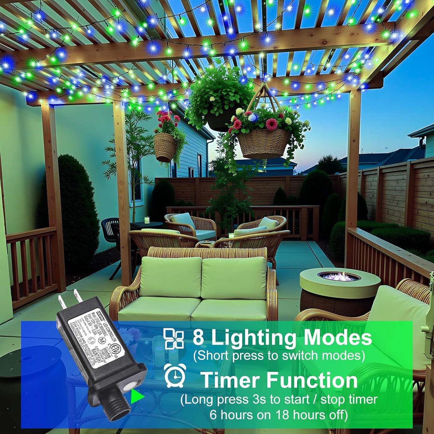 Christmas Lights Outdoor, 66FT 200 LED Christmas Tree Lights with 8 Modes Waterproof, Plug in Connectable String Twinkle Light Green Wire for Tree Patio Party Decorations, Blue Green