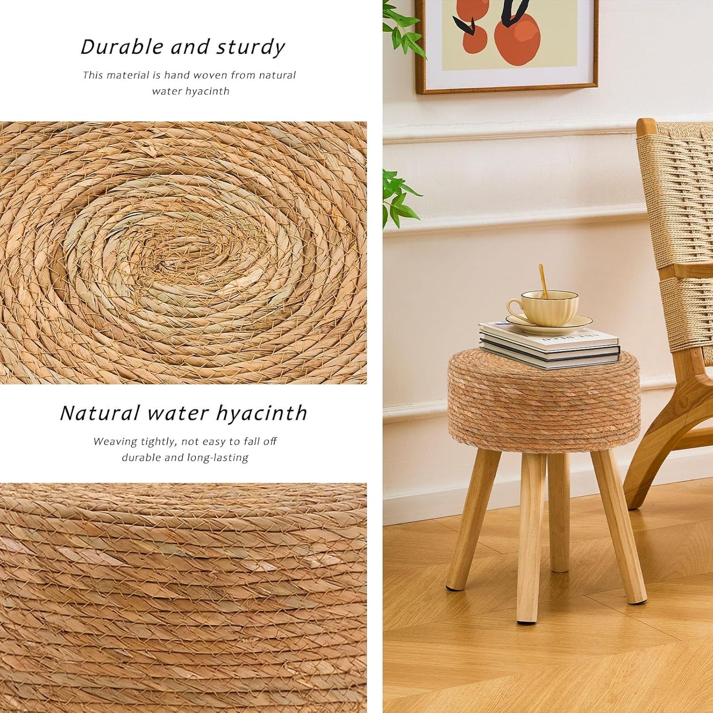 Handwoven Outdoor Ottoman, Water Hyacinth Pouf Round Patio Footstool with Wood Legs, 17-Inch Multipurpose Vanity Stool, Dining Chair, Patio Footrest for Balcony and Garden, Natural