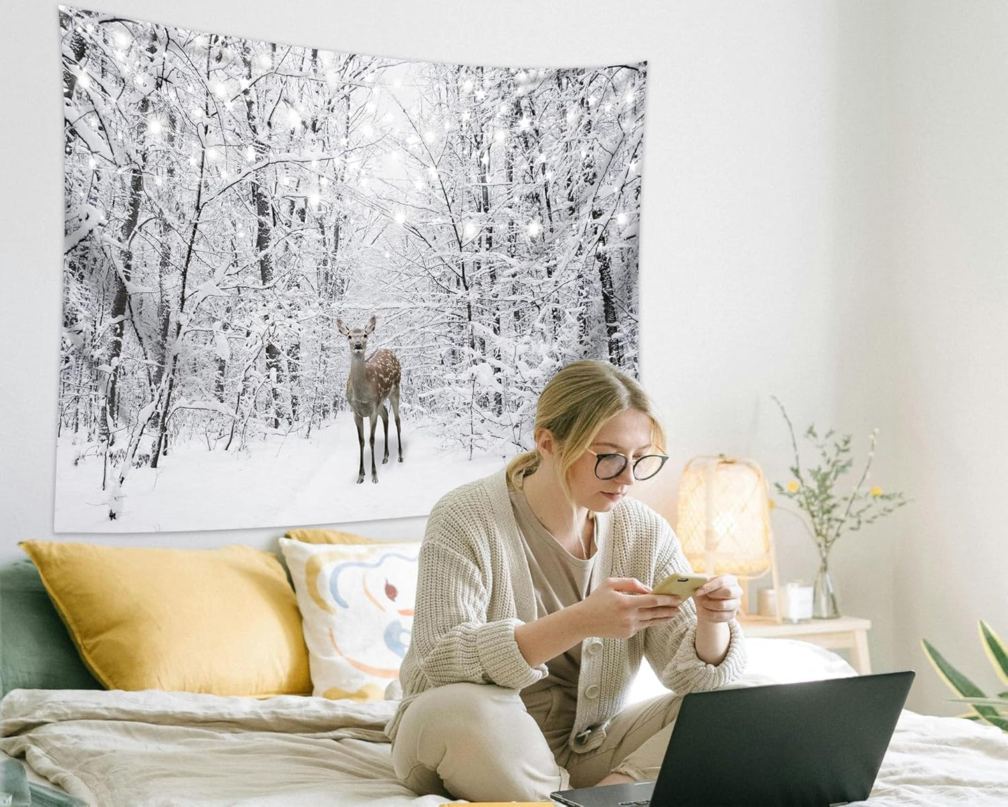 QGHOT Winter Tapestry Wall Hanging Snow Scene Backdrop Winter Wonderland Wall Decor Snowy Forest Wall Art Nature Woodland Deer Tapestry for Bedroom Room Dorm Party Decoration, Extra Large