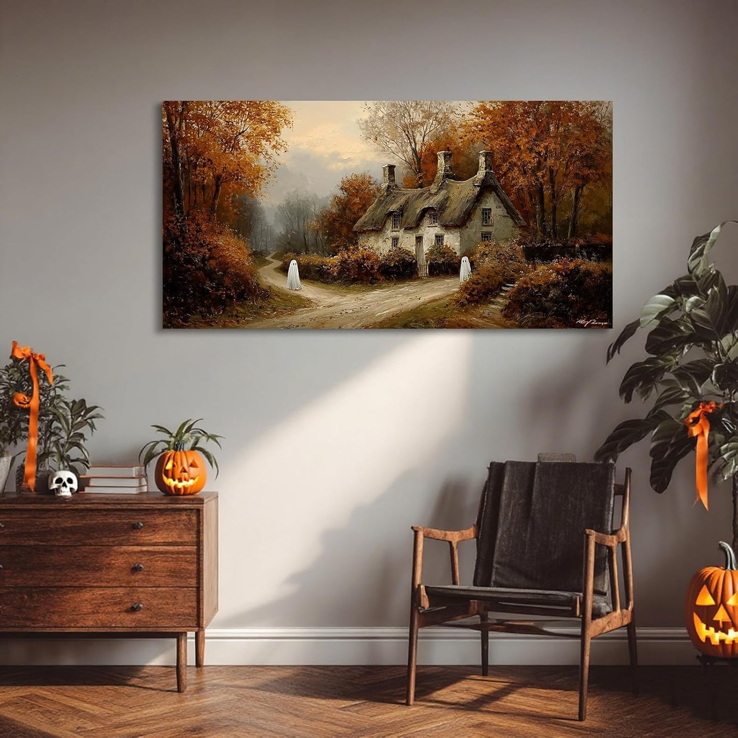 Laoife Halloween Canvas Wall Art, Vintage Spooky Farmhouse Autumn Rustic Landscape Wall Decoration, Ghost on Rural Roads for Living Room Bedroom Home Decor (Ghost 1)