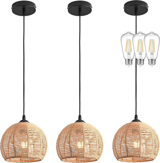 3 Pack Wicker Pendant Light Natural Woven Pendant Light Boho Chandelier Light Fixture Dome Rustic Farmhouse Pendant Lights Rattan Light Fixture for Dining Room Kitchen Island (Bulb Incl.)