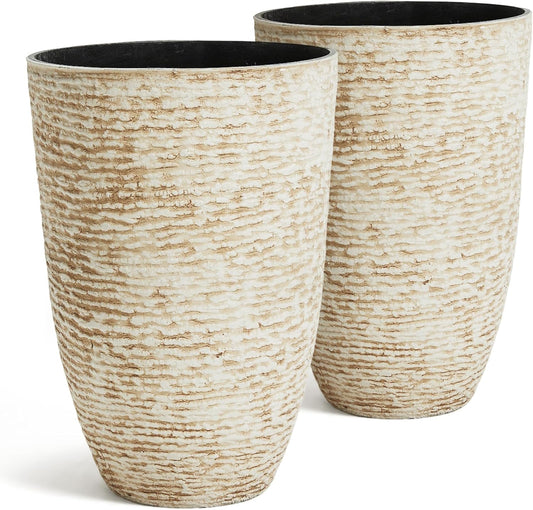 Worth 9 Gallon Tall Round Planters Set of 2-14" Dia x 21" H Stone Finish Flower Pots Indoor Decorative Container Garden Patio Unbreakable Beige