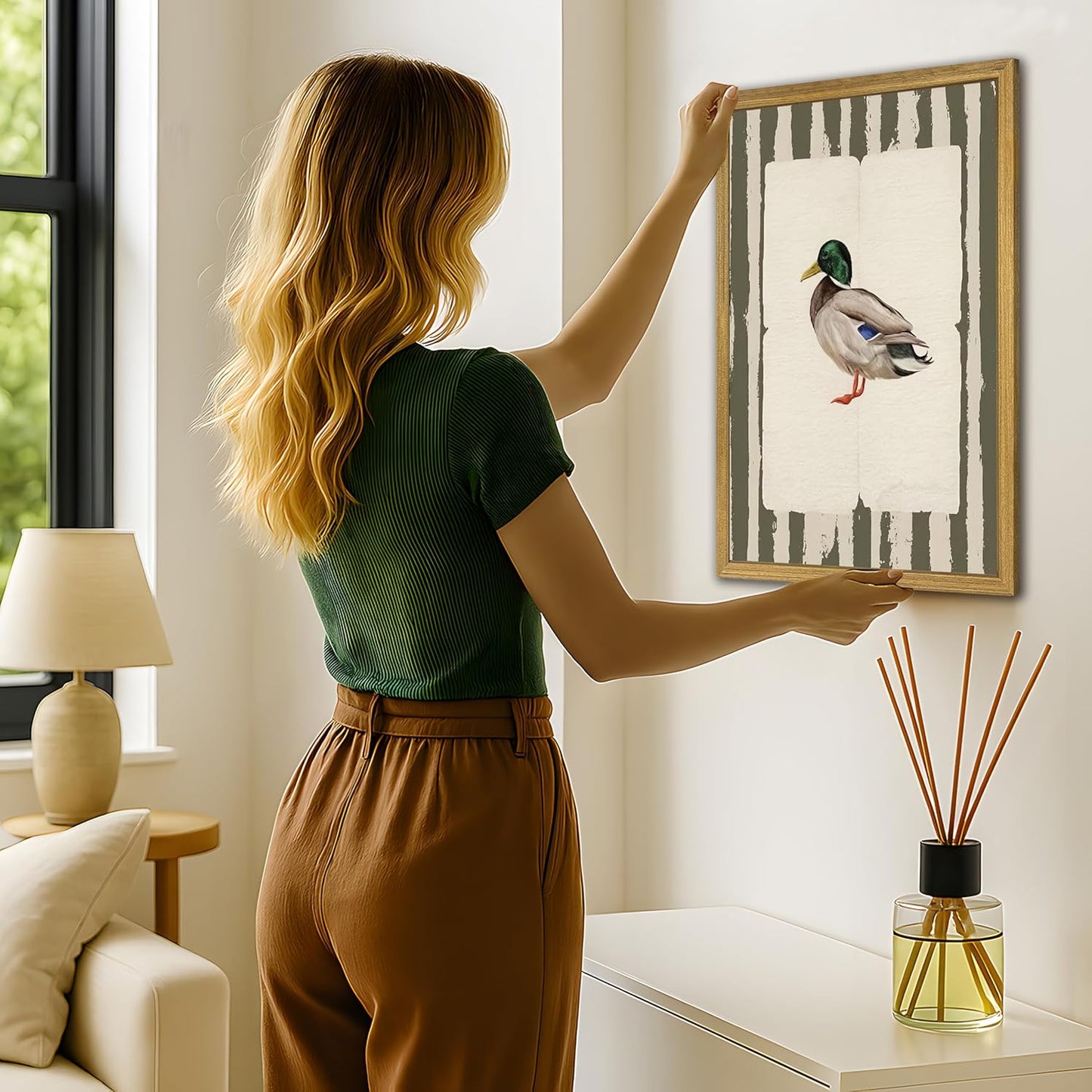 Vintage Framed Duck Wall Art Print, Rustic Mallard Bird Illustration Canvas Poster, Cottagecore Animal Artwork, Farmhouse Nature Wall Decor for Living Room Kitchen Bathroom Bedroom 12x16 inch