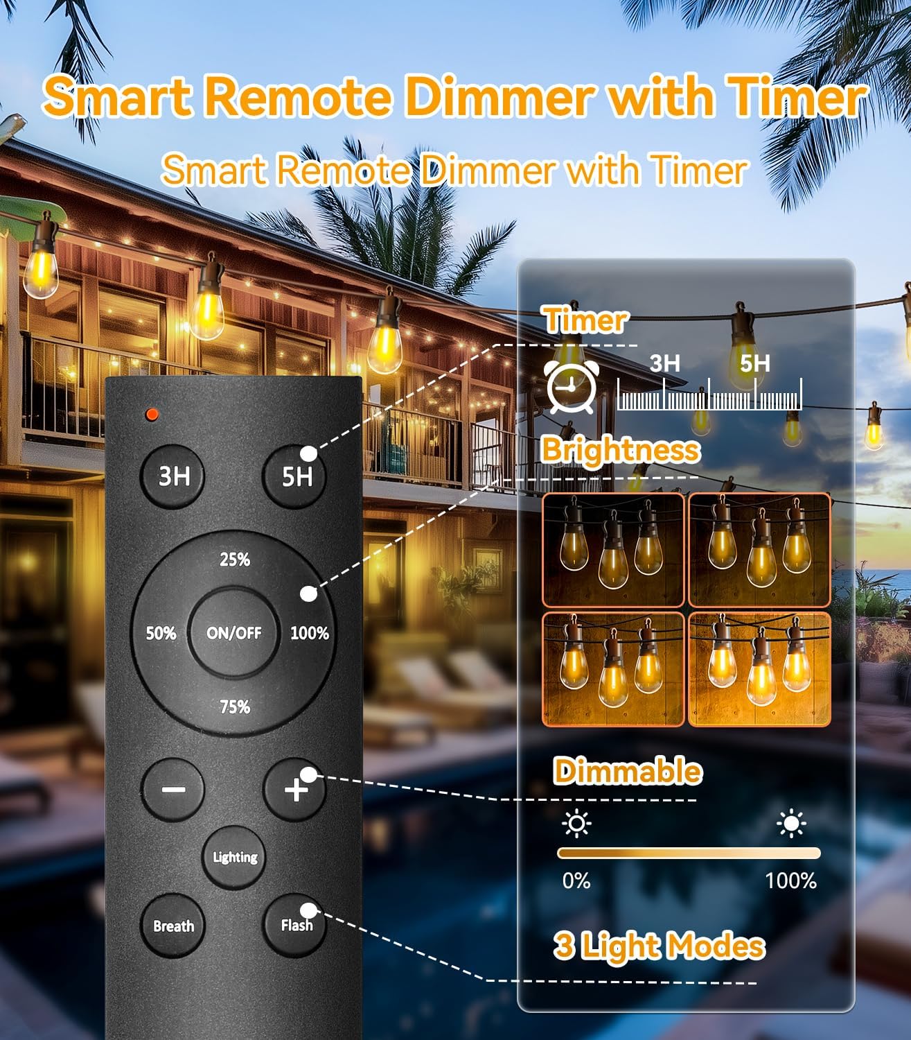 Outdoor-String-Lights-Patio-LED-Light-Outside 50Ft 15M Waterproof Remote Dimmable S14 LED Porch Lighting with 15 Edison Plastic Bulb Hanging Lights Connectable for Backyard Yard Gazebo Party Garden