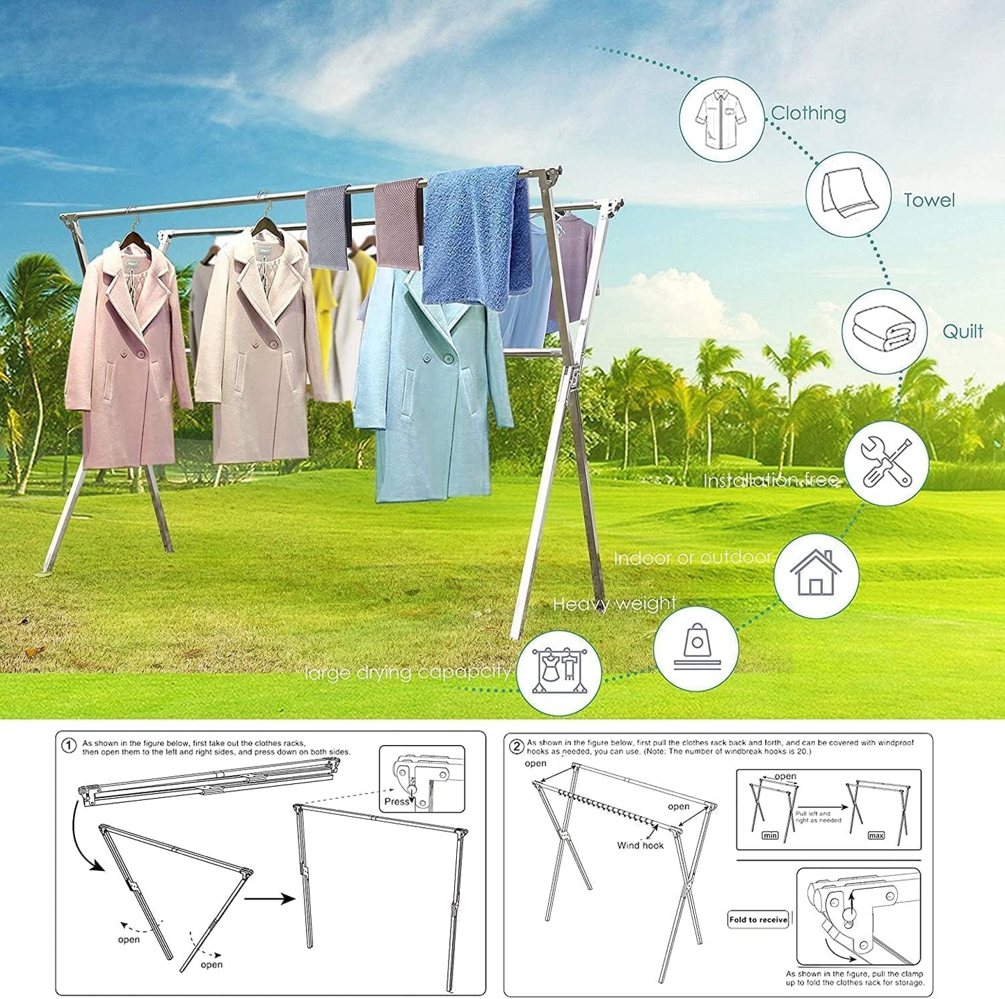 Clothes Drying Rack Folding Indoor Outdoor, Foldable Portable Laundry Drying Rack, Heavy Duty Laundry Hanger Dryer Rack with 20 Hooks (63.55'')
