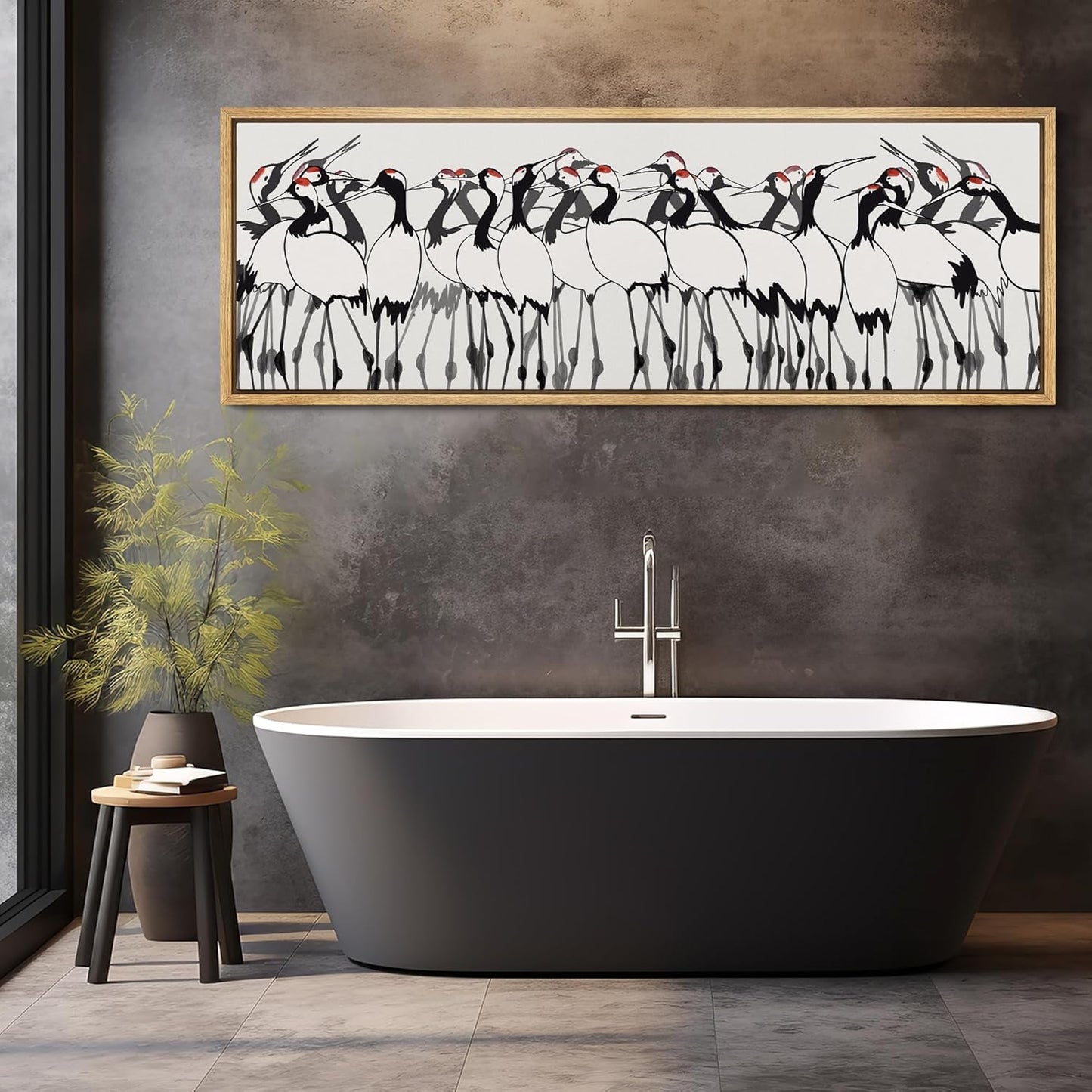 MUDECOR Large Framed Canvas Print Wall Art Minimalist Crane Flock Japanese Ink Style Bird Illustrations Decorative Colorful Multicolor for Bedroom - 60"x20"