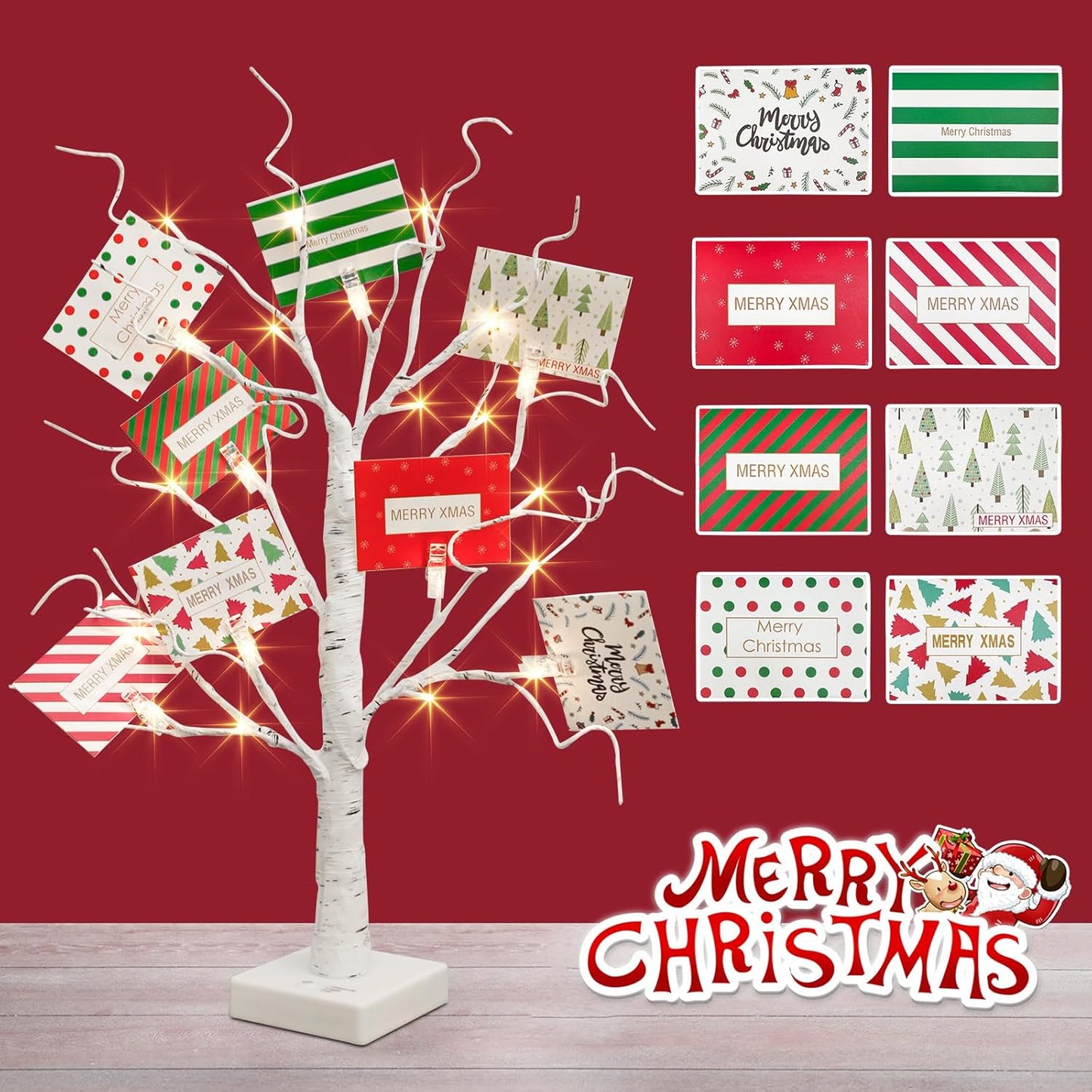 EAMBRITE Christmas Tree with Gift Cards, Money Tree Gift Holder, White Lighted Birch Tree Tabletop 2 FT 24 LED, Light Up Display Twig Gift Card Tree with 8 Clear Clips for Home Christmas Decorations