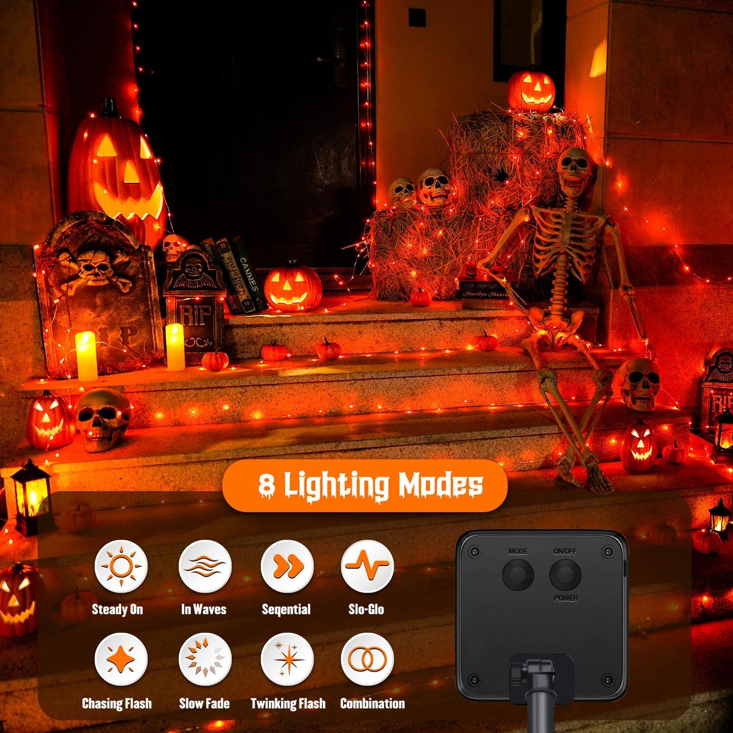 JMEXSUSS 4 Pack Solar Halloween Lights, Total 400 LED 132 FT Orange Solar Lights Outdoor Waterproof, 8 Modes Copper Wire Solar Fairy String Lights for Garden Yard Tree Halloween Decor