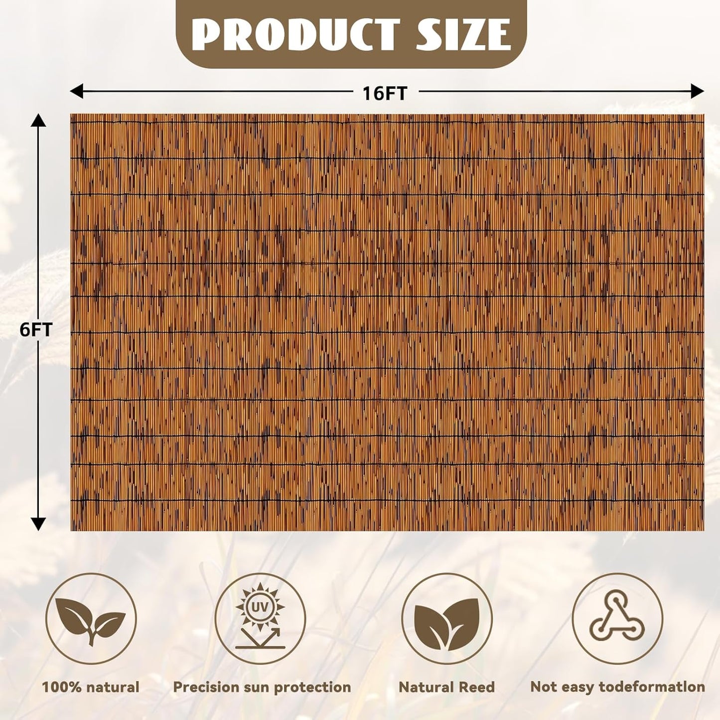 Bamboo Reed Fencing, Light Russet Bamboo Fence Rolls 6 Feet High, Decorative Privacy Screen Reed Curtains for Patio Balcony Garden Backyard Outdoor, 6 x 16 FT