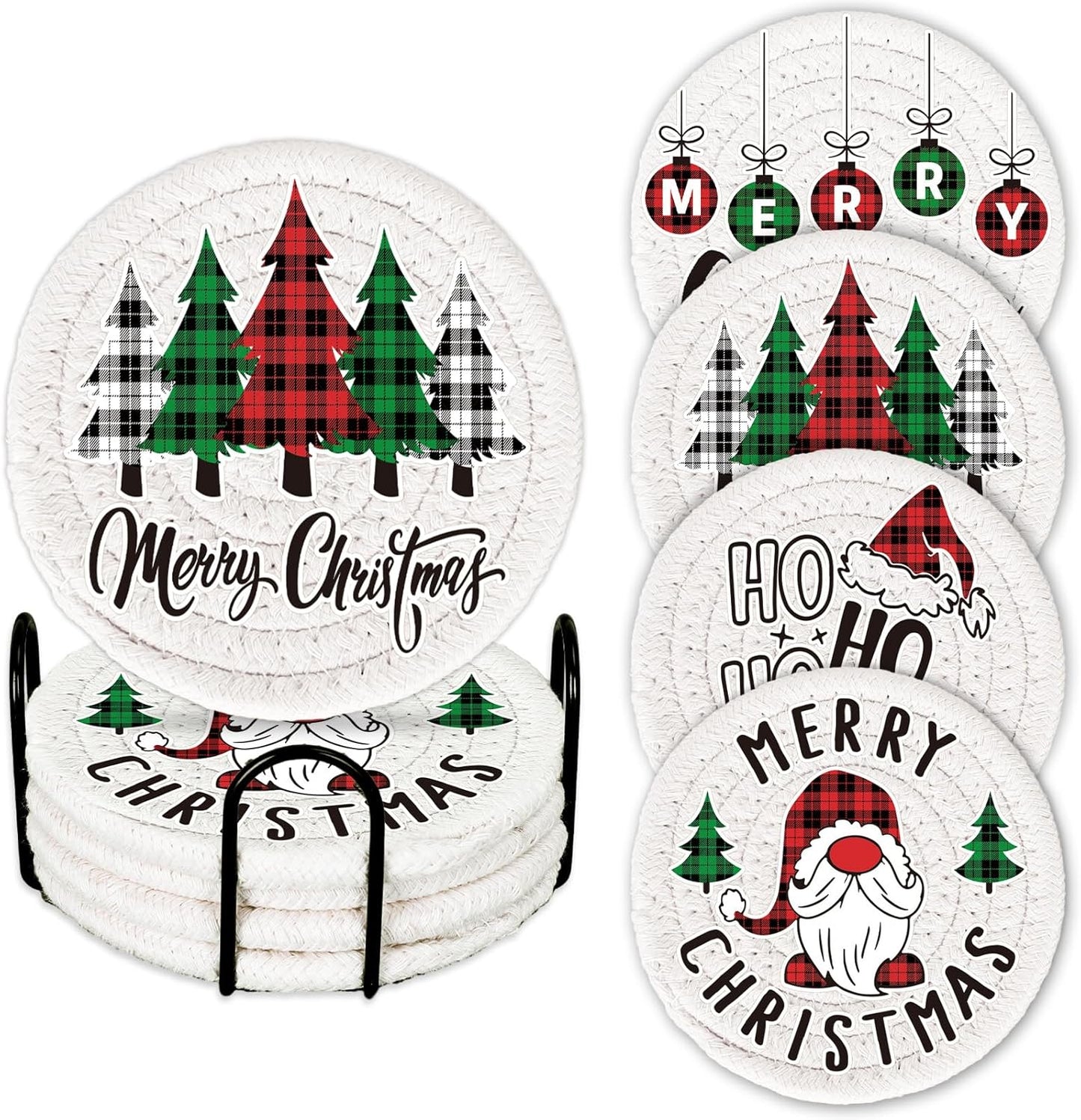 Whaline 4Pcs Merry Christmas Cup Coasters Handmade Braided Cotton Drink Coasters Xmas Buffalo Plaid Anti Slip Absorbent Tabletop Protection for Home Office Party Tableware, 4.3 × 4.3 inch
