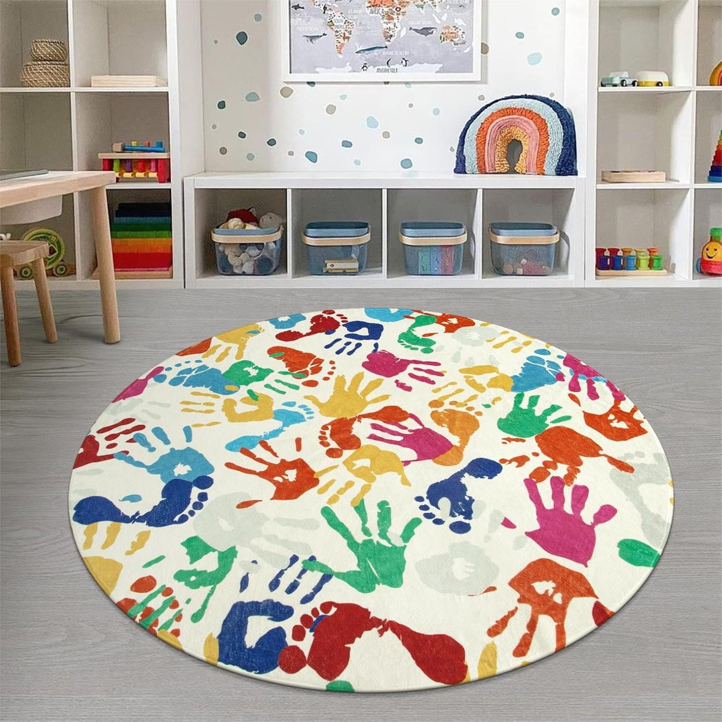 STARUIA Large Round Rug for Classroom 6 Ft, Colorful Circle Rug for Nursery, Washable Kids Rug for Playroom, Soft Circular Carpet Handprints and Footprints Play Mat for Kids Bedroom Toy Room
