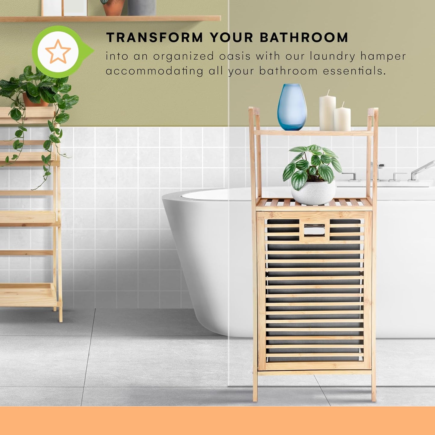 Prosumer’s Choice Bamboo Tilt-Out Laundry Hamper with 2-Tier Storage Shelves – Freestanding Clothes Hamper with Removable Liner, Space-Saving Design for Bathroom or Bedroom – 15.5”L x 11.8”W x 37.4”H