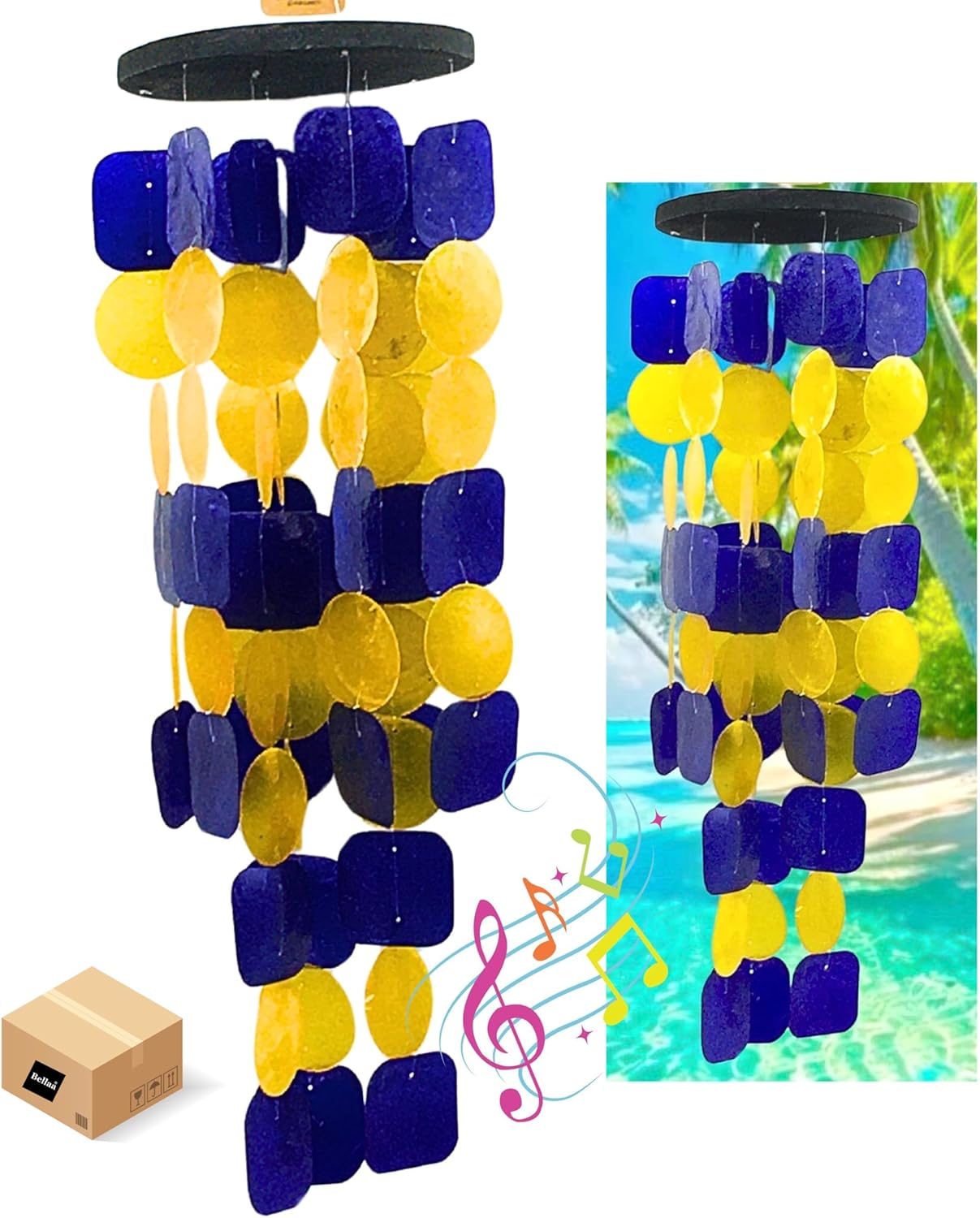 Bellaa 24889 Wind Chimes Outdoor, Garden Decorations, Musical, Indoor/Outside Windchimes, Beach, Ocean Breeze, Gifts for Mom, Gift for All Occasions, Capiz Sea Glass Shells Wood Yellow Blue