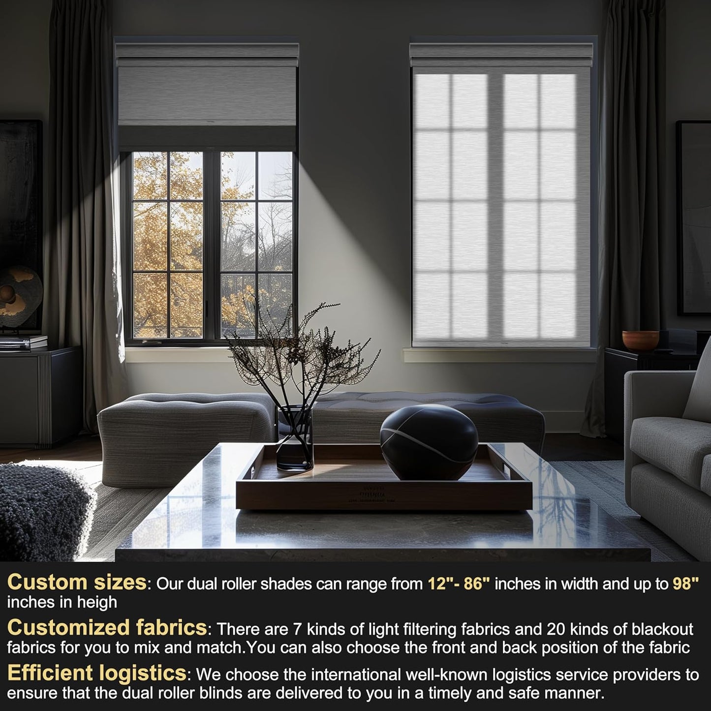 BERISSA Cordless Dual Roller Shades with Cassette Valance, Double Window Shades - Blackout and Light Filtering, Day and Night for Home Office Door - Grey and White, 60 W x 56 H